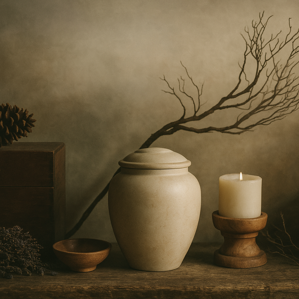 A still life arrangement with a beige ceramic jar, a lit white candle on a wooden stand, a small wooden bowl, and branches in the background on a wooden surface.