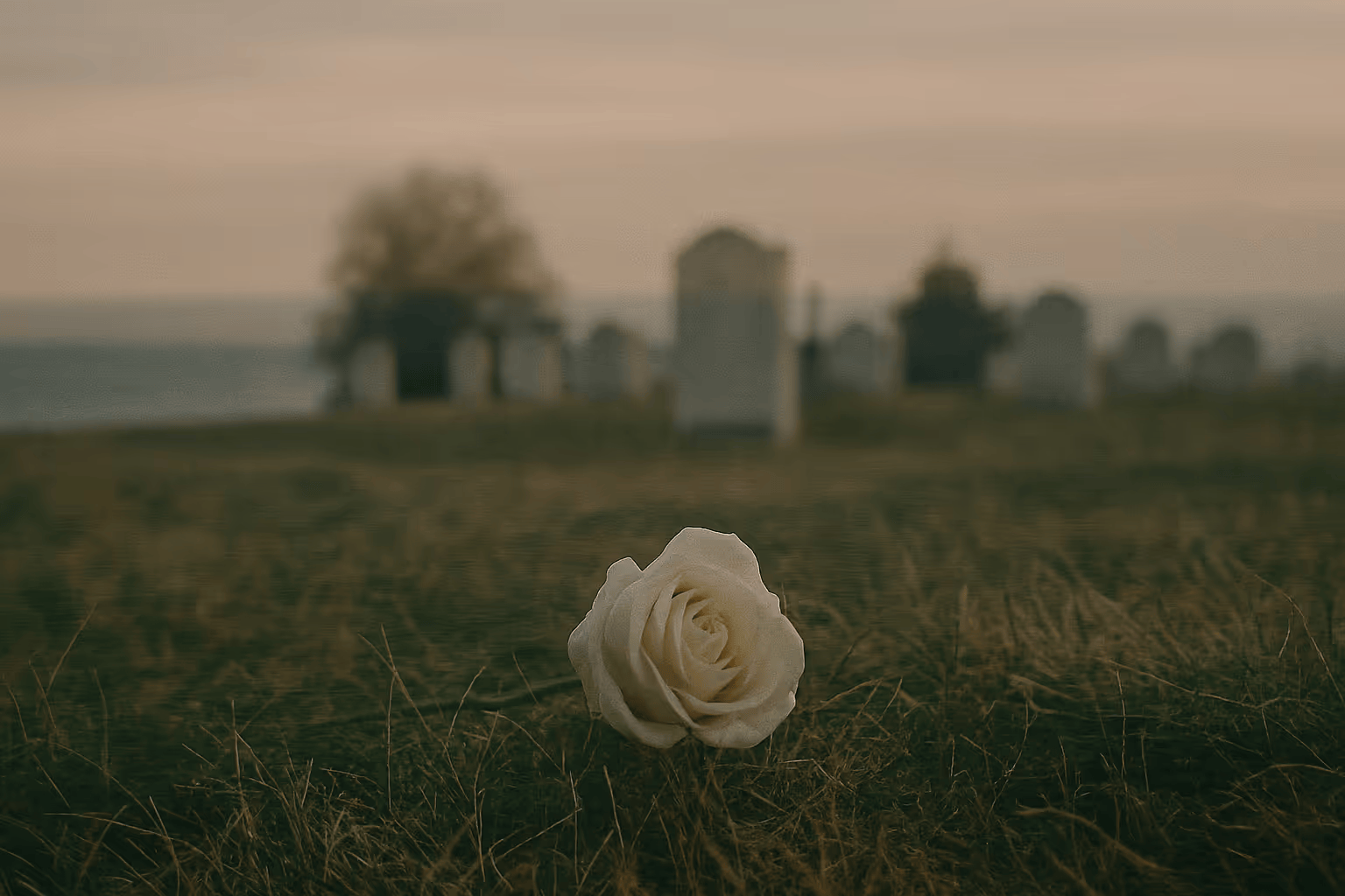 A single white rose lying on dry grass with blurred buildings and trees in the background during sunset.