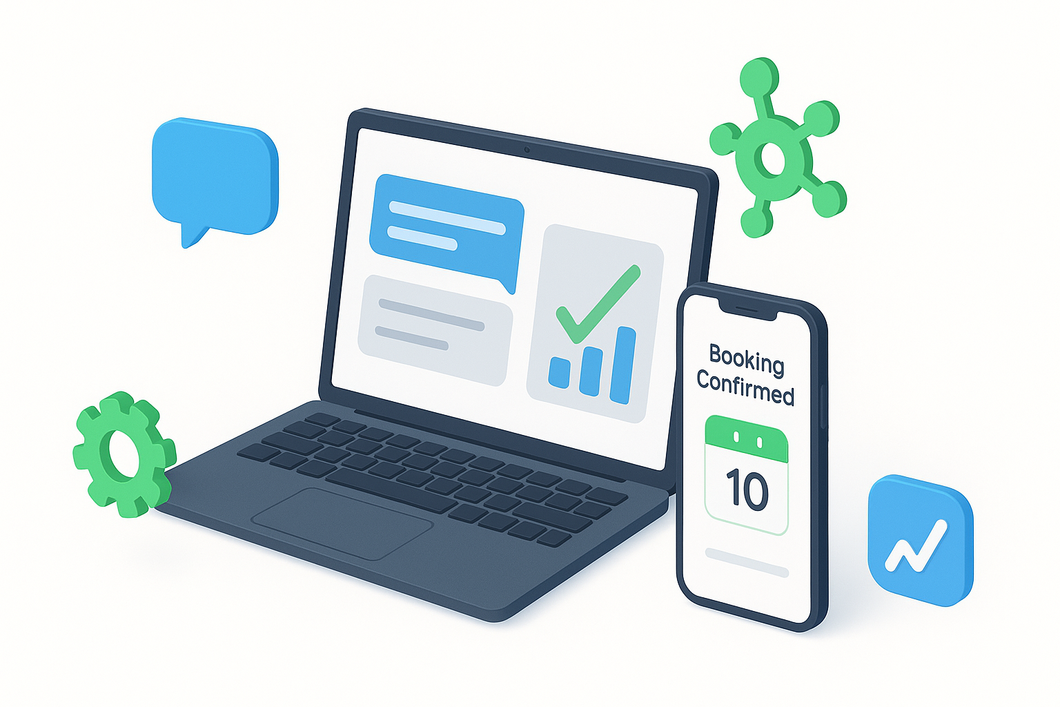 Digital illustration of a laptop and smartphone with confirmation screens, surrounded by icons of gears, speech bubbles, a virus or molecule, and growth chart symbols.