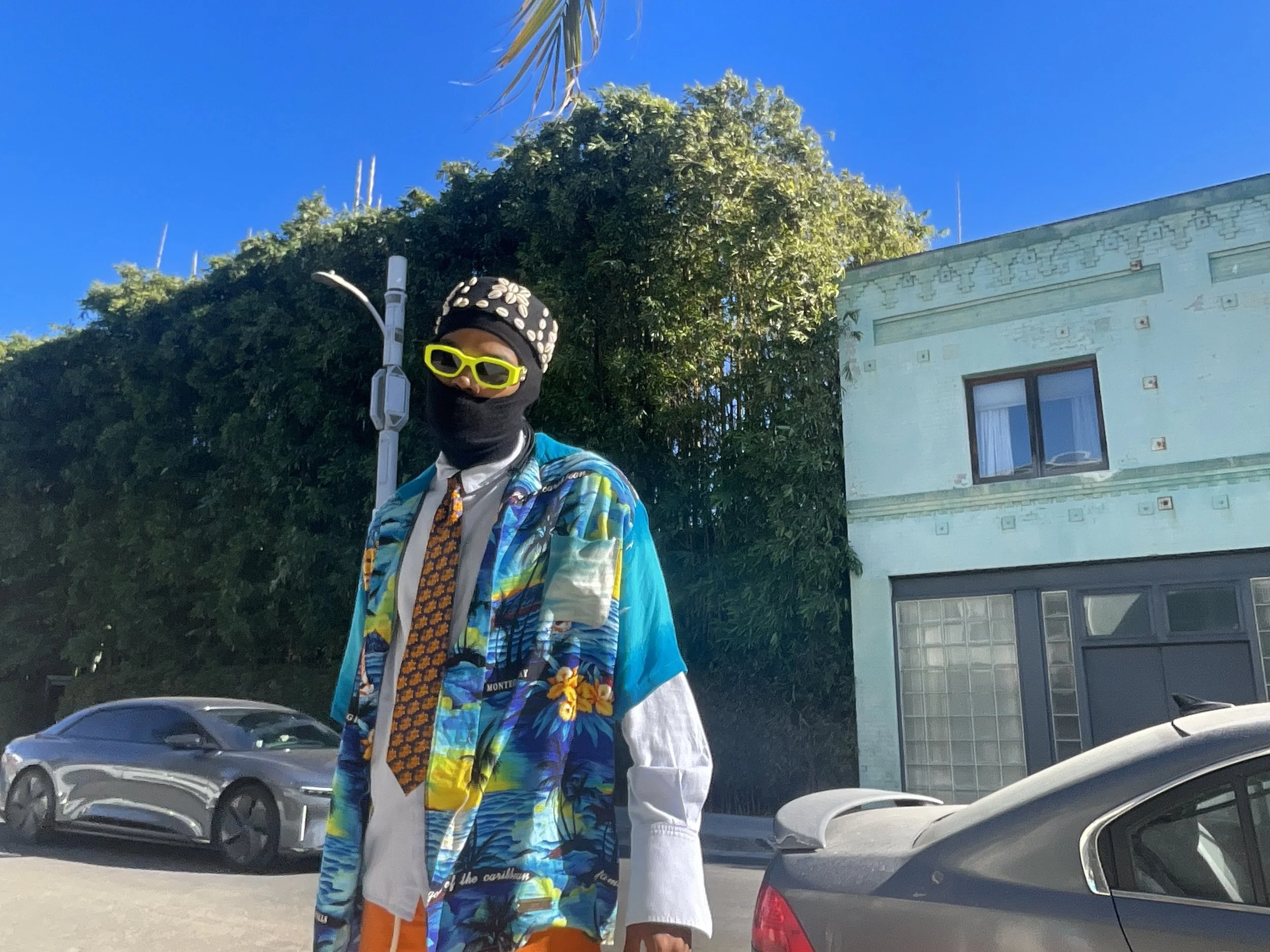 Person dressed in colorful tropical shirt, sunglasses, and black mask, standing on street with cars and a building in the background.