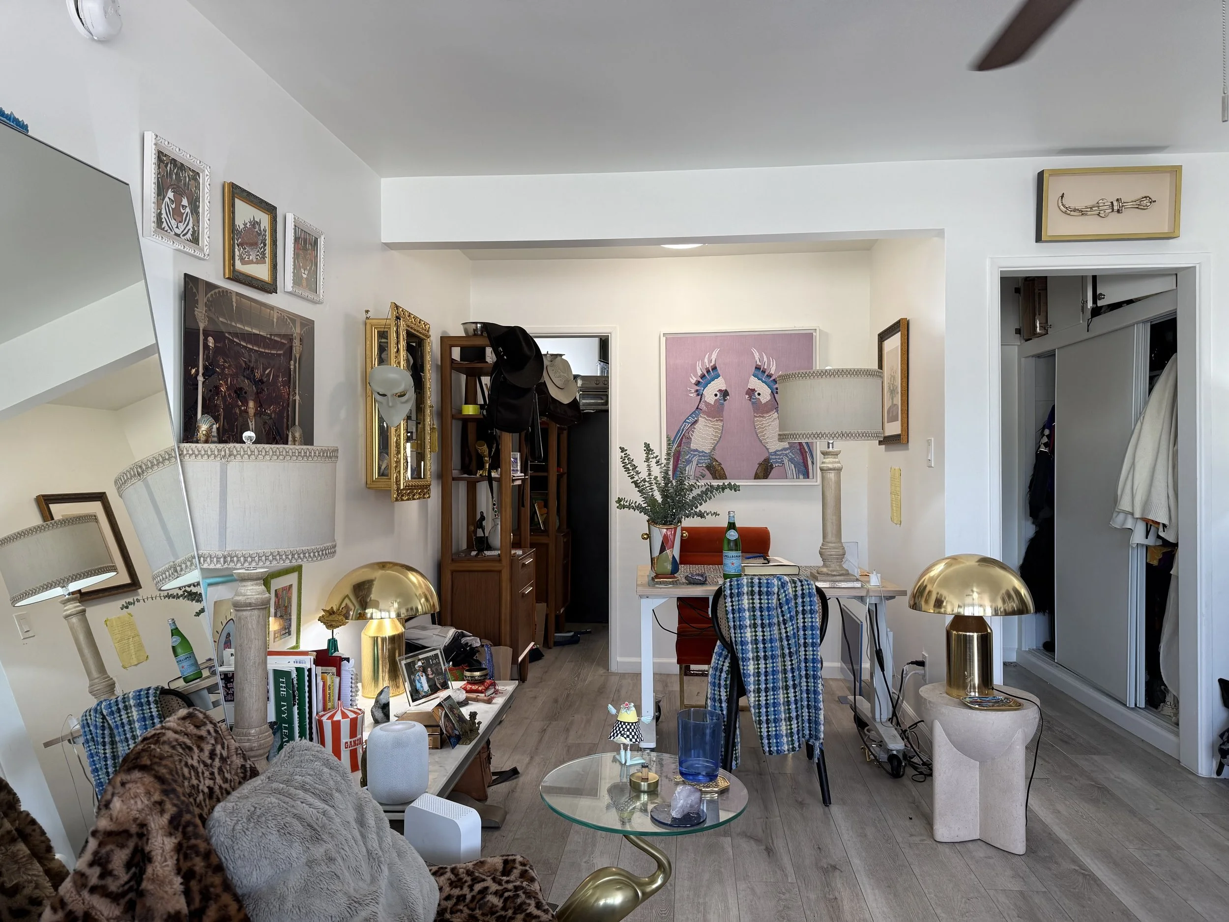 A cluttered living room and dining area with various lamps, artwork, books, and decorative items, including animal and mask images on the walls, a fur-covered chair, and a small round glass table.