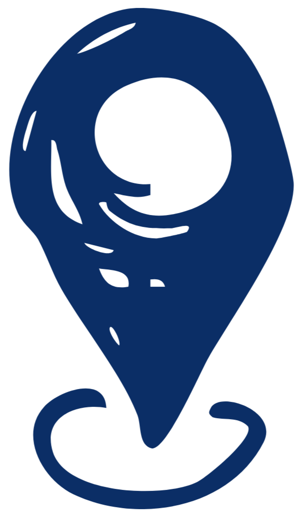 A stylized map pin icon in dark blue color.
