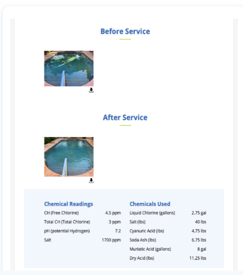 Comparison of pool before and after chemical treatment showing cleaner water post-service with chemical readings and chemicals used listed.