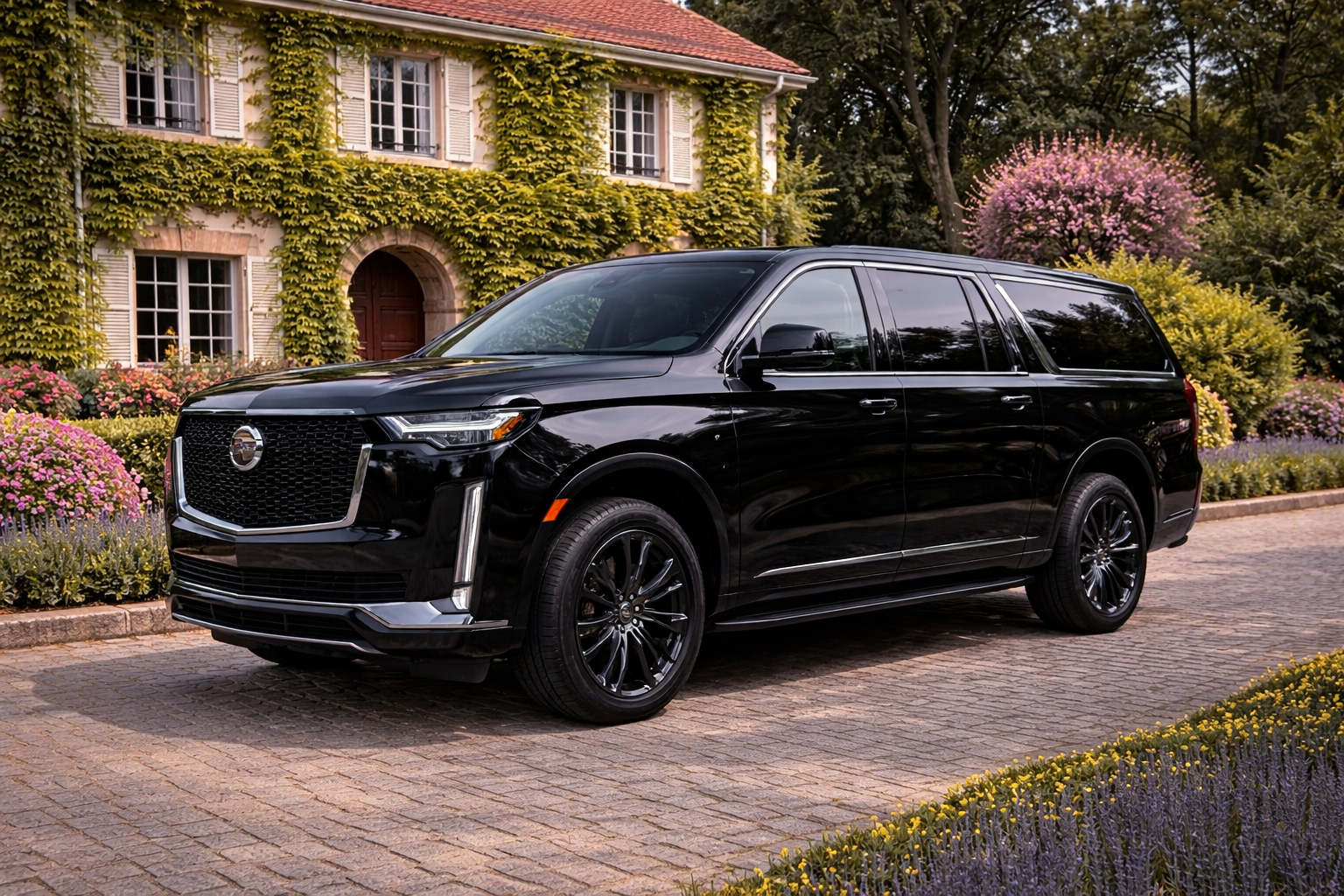 A black SUV parked on a brick driveway in front of a house covered in green vines, with colorful flowers and trees surrounding the area.