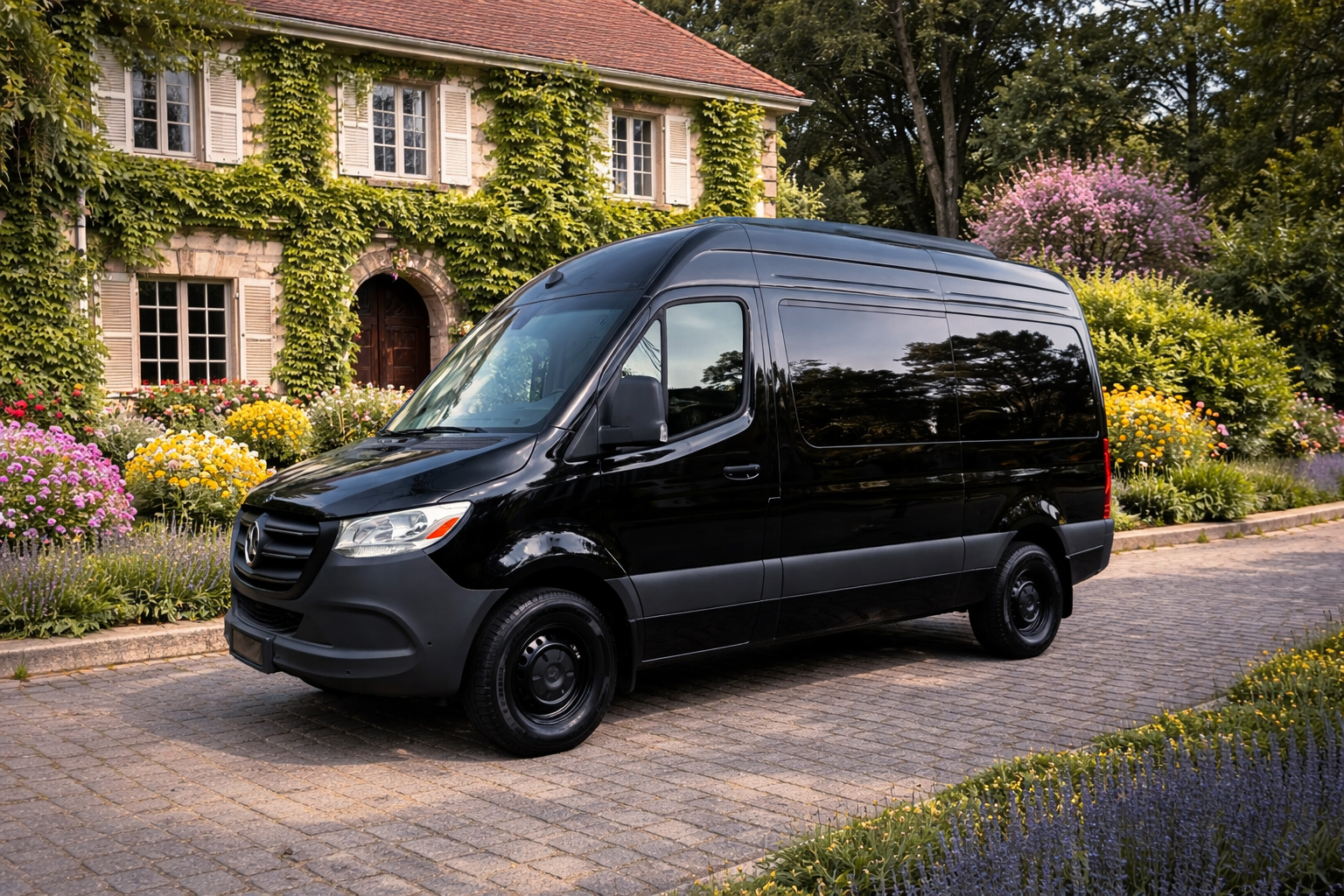 Black Mercedes-Benz cargo van parked on cobblestone driveway in front of a house covered with green vines and surrounded by colorful flowers
