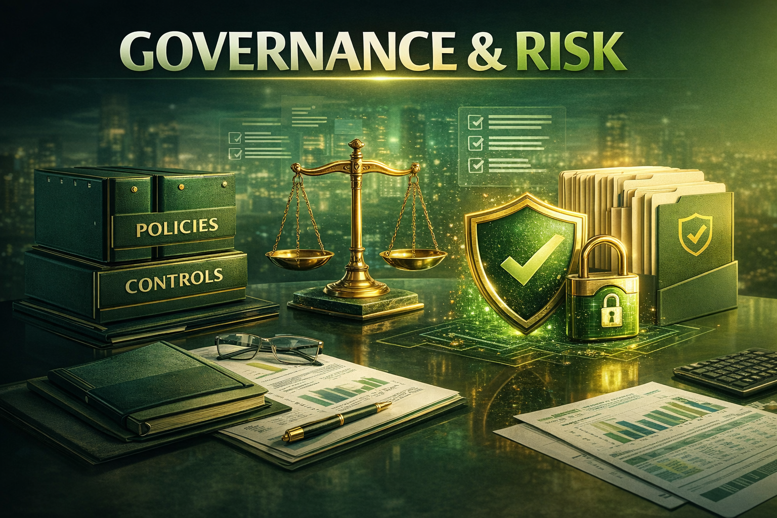 Office desk with folders labeled 'Policies' and 'Controls,' a scale, a shield with a checkmark, a lock, papers with graphs, and eyeglasses, emphasizing governance and risk management.