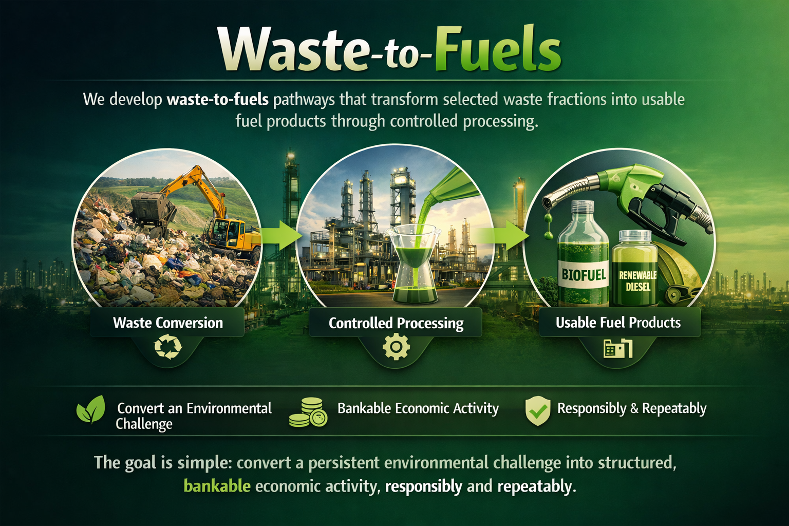 Diagram illustrating a waste-to-fuels process with three stages: waste conversion, controlled processing, and usable fuel products. The waste conversion stage shows a landfill with trash and machinery; the controlled processing stage depicts an industrial facility; the usable fuel products stage displays bottles labeled biofuel and renewable diesel with fuel pumps. The image emphasizes converting environmental challenges into sustainable, economically beneficial activities.