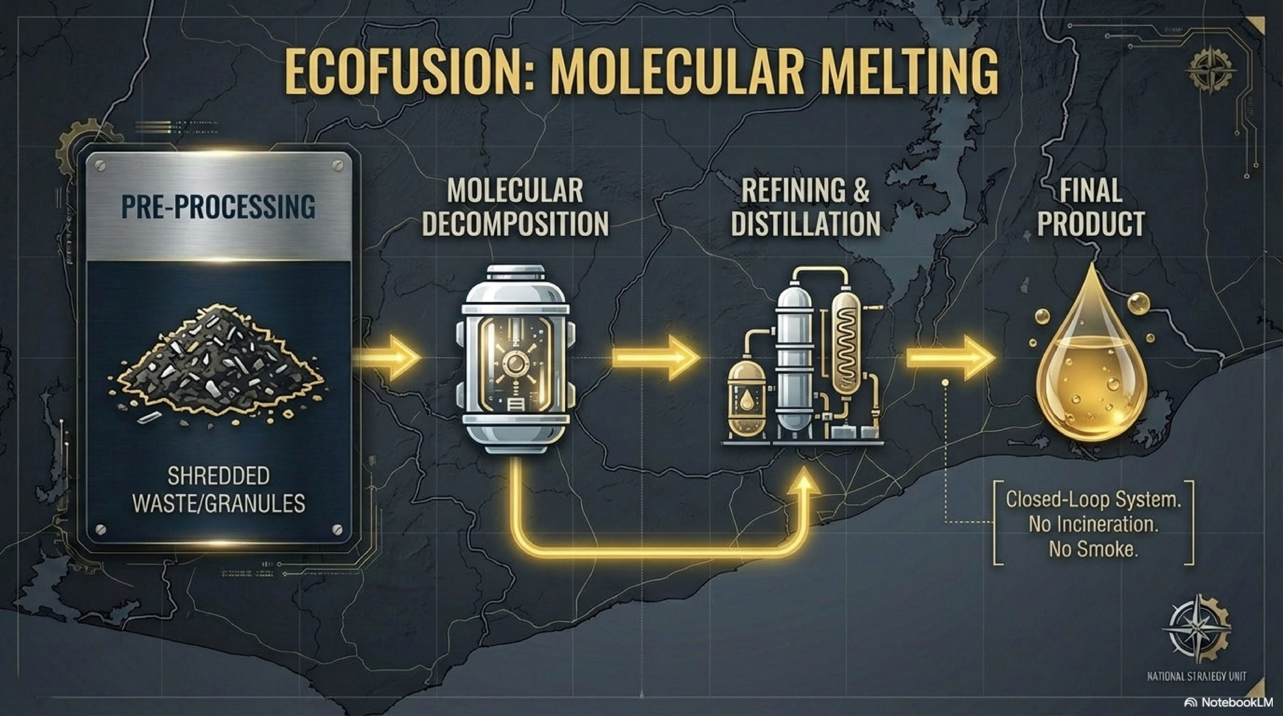 Flowchart of Ecofusion: Molecular Melting process showing four main stages: pre-processing of shredded waste/granules, molecular decomposition with a machine, refining and distillation with additional equipment, and final product represented as a golden droplet. Labels indicate this is a closed-loop system with no incineration or smoke. Background map and icons symbolize technology and environmental themes.