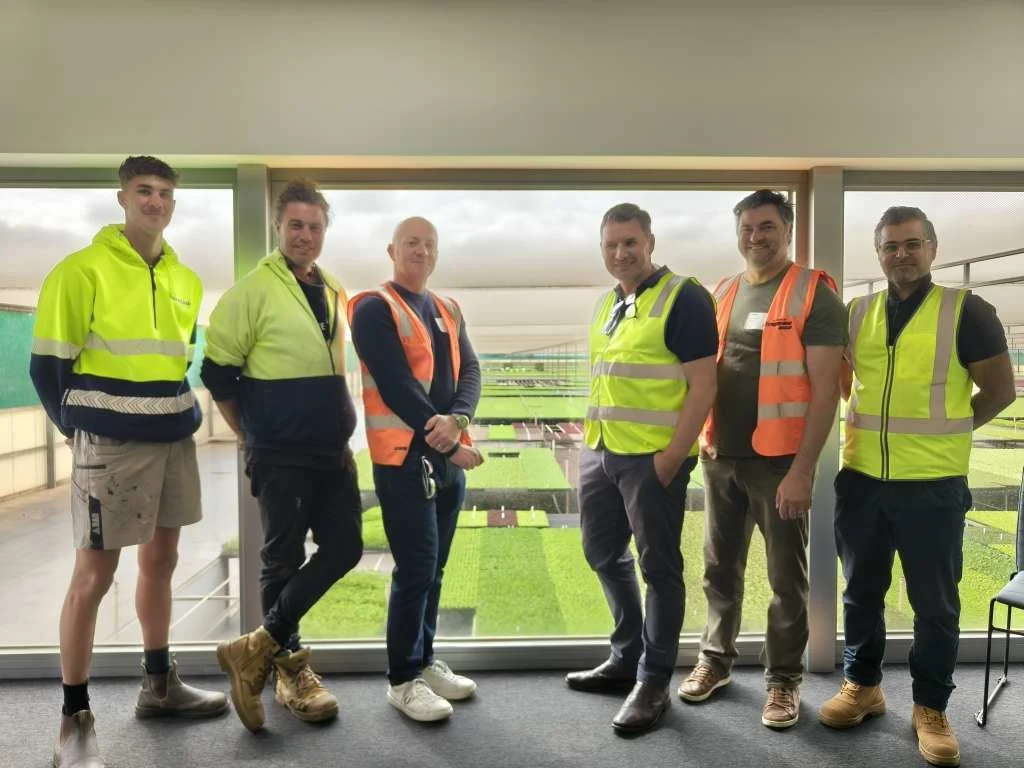  Michael Fragapane (far left), with Gro-Link Nursery Head Growers Lachlan Fraser (second from left) and Muhammadali Daneshinergi (far right) with the ASII team at Fragapane Farms. 