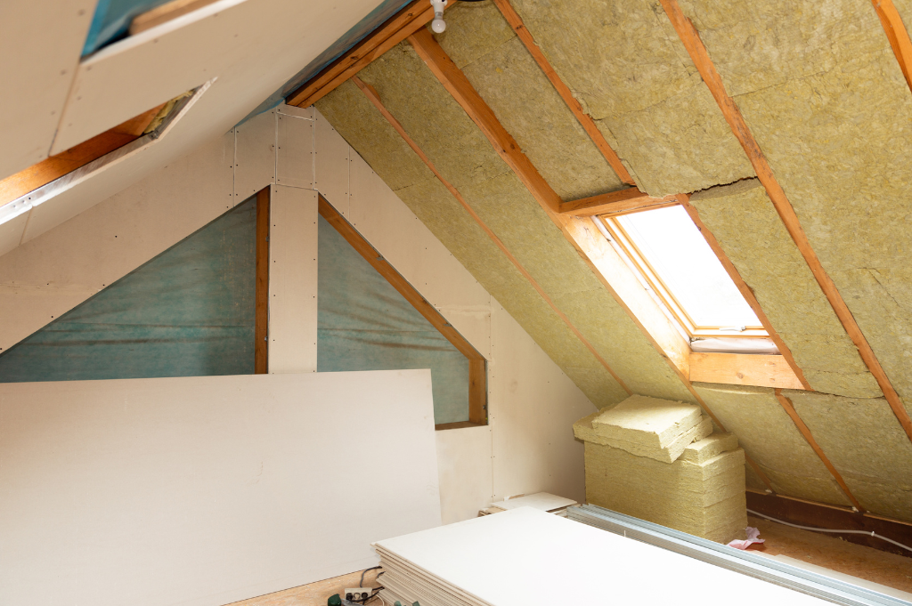 Innenraum eines Dachbodens im Bau mit Dachfenster, Dämmmaterial und Baumaterialien