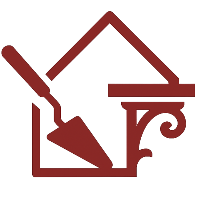 Symbol eines Hauses mit Pinsel und Farbtropfen, die auf eine Renovierungs- oder Malerei-Aktion hinweisen.