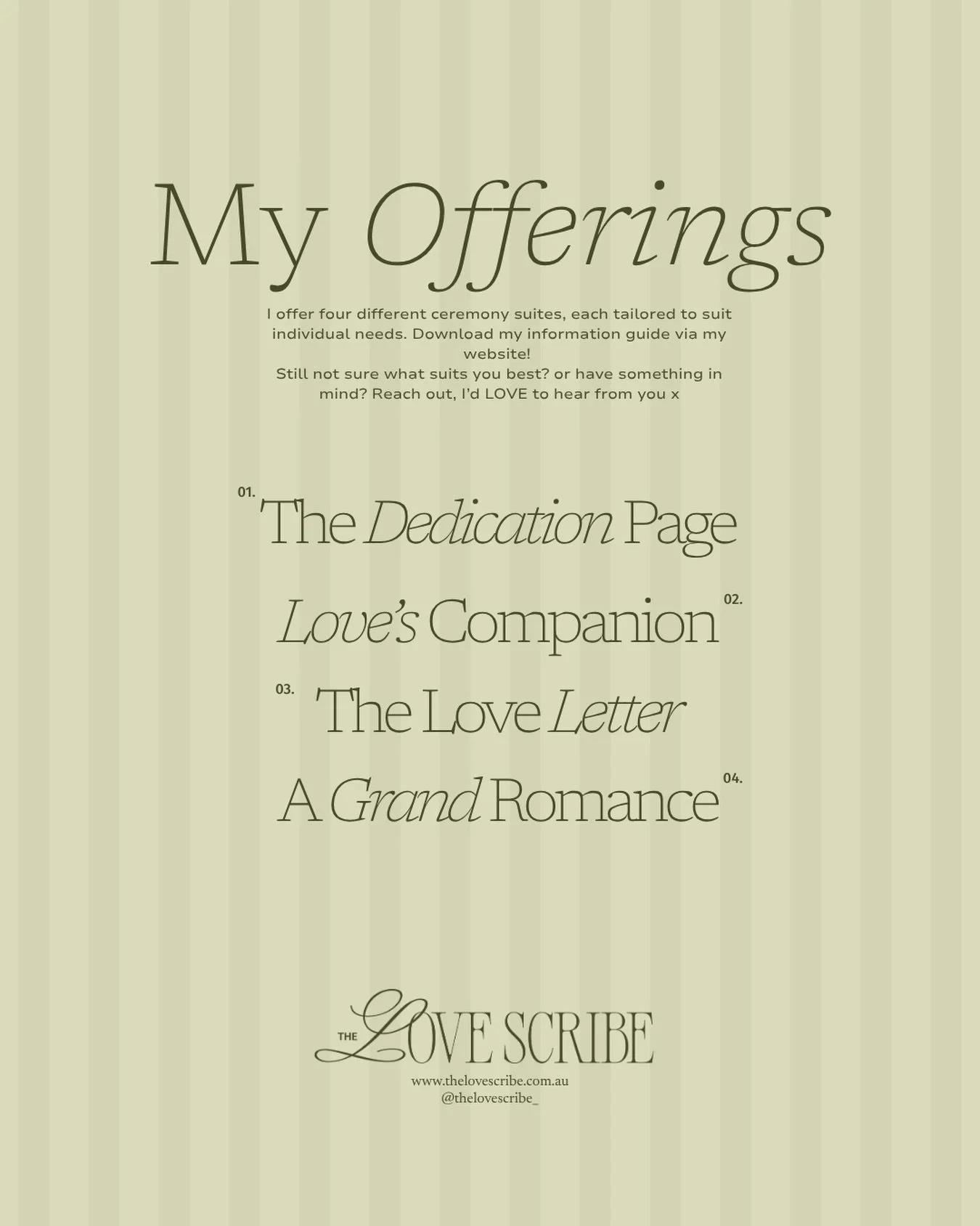 Four intentional offerings to choose from!

Every ceremony and every couple are different, and each offering has been made with you in mind. ☁️

If you can&rsquo;t find what you&rsquo;re looking for, that doesn&rsquo;t mean I can&rsquo;t help! Reach 