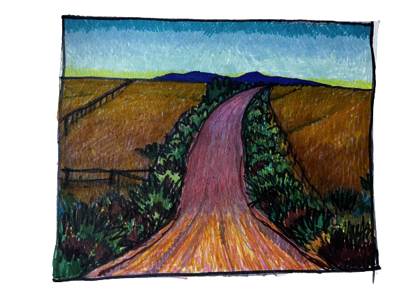A painting of an Australian landscape with a winding dirt pink road through fields and green bushes, under a blue sky with distant mountains. Art by Peter Gowans.