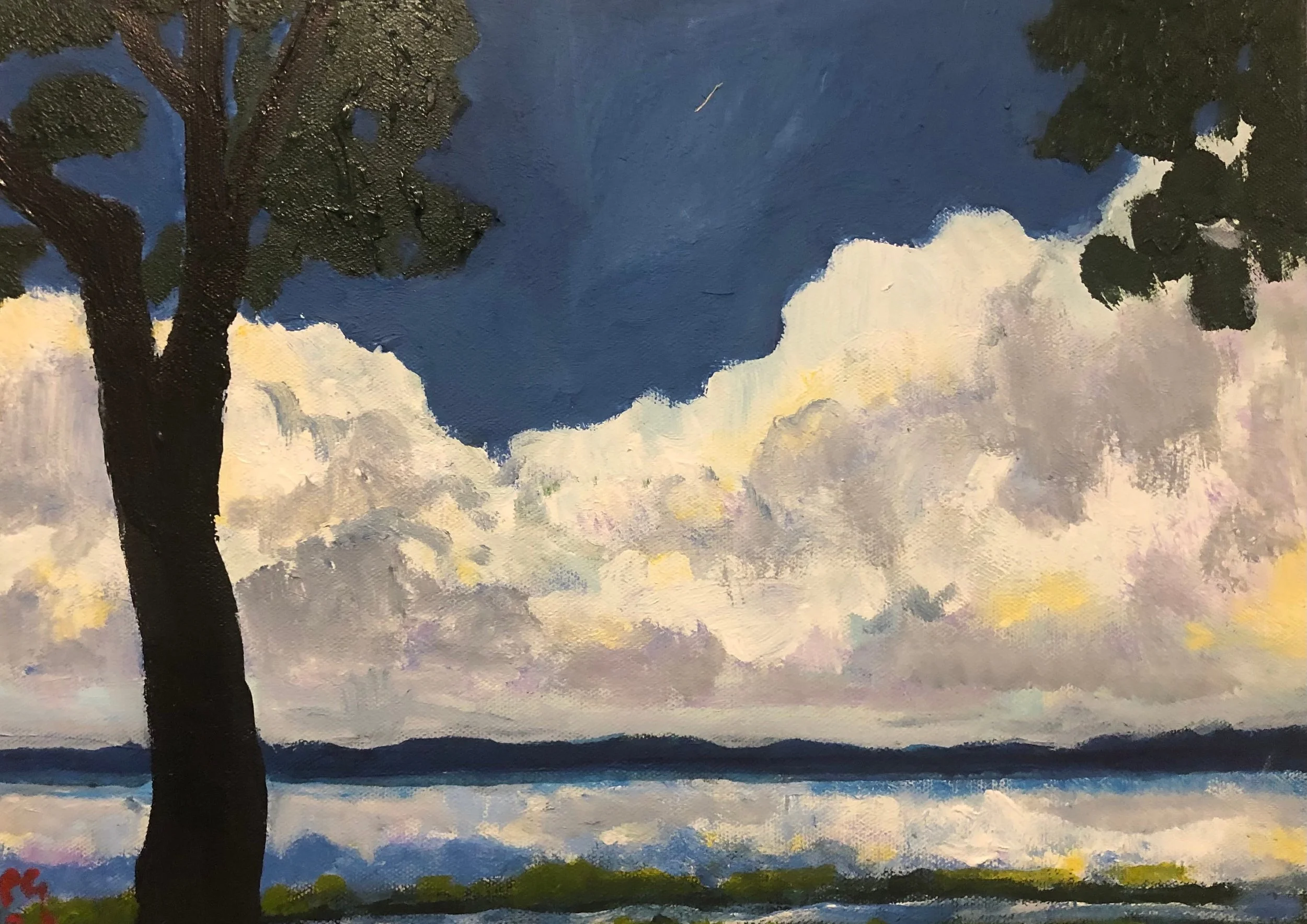 An Australian landscape painting of a large tree with dark leaves on the left, a sky filled with clouds in shades of white, gray, and hints of yellow, a distant horizon, and a water body reflecting the sky, in an impressionistic style. Peter Gowans.