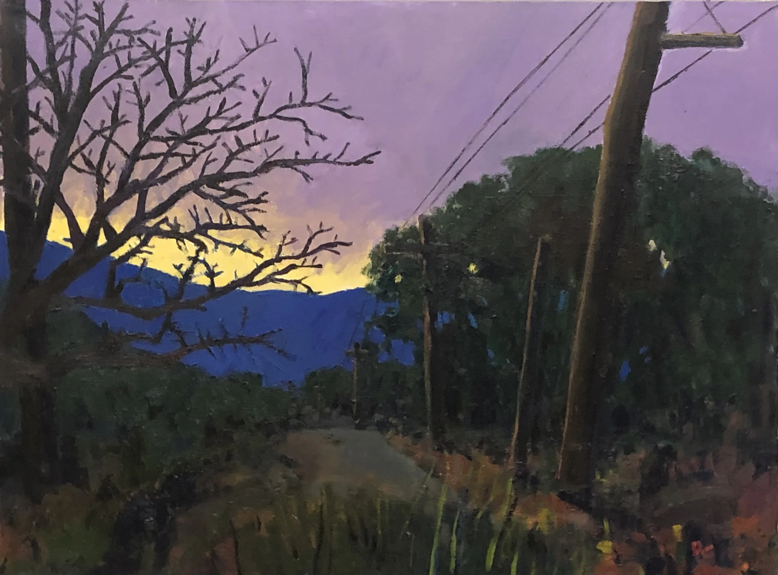 A landscape painting of a pathway surrounded by trees with a purple twilight sky and distant mountains in the background.