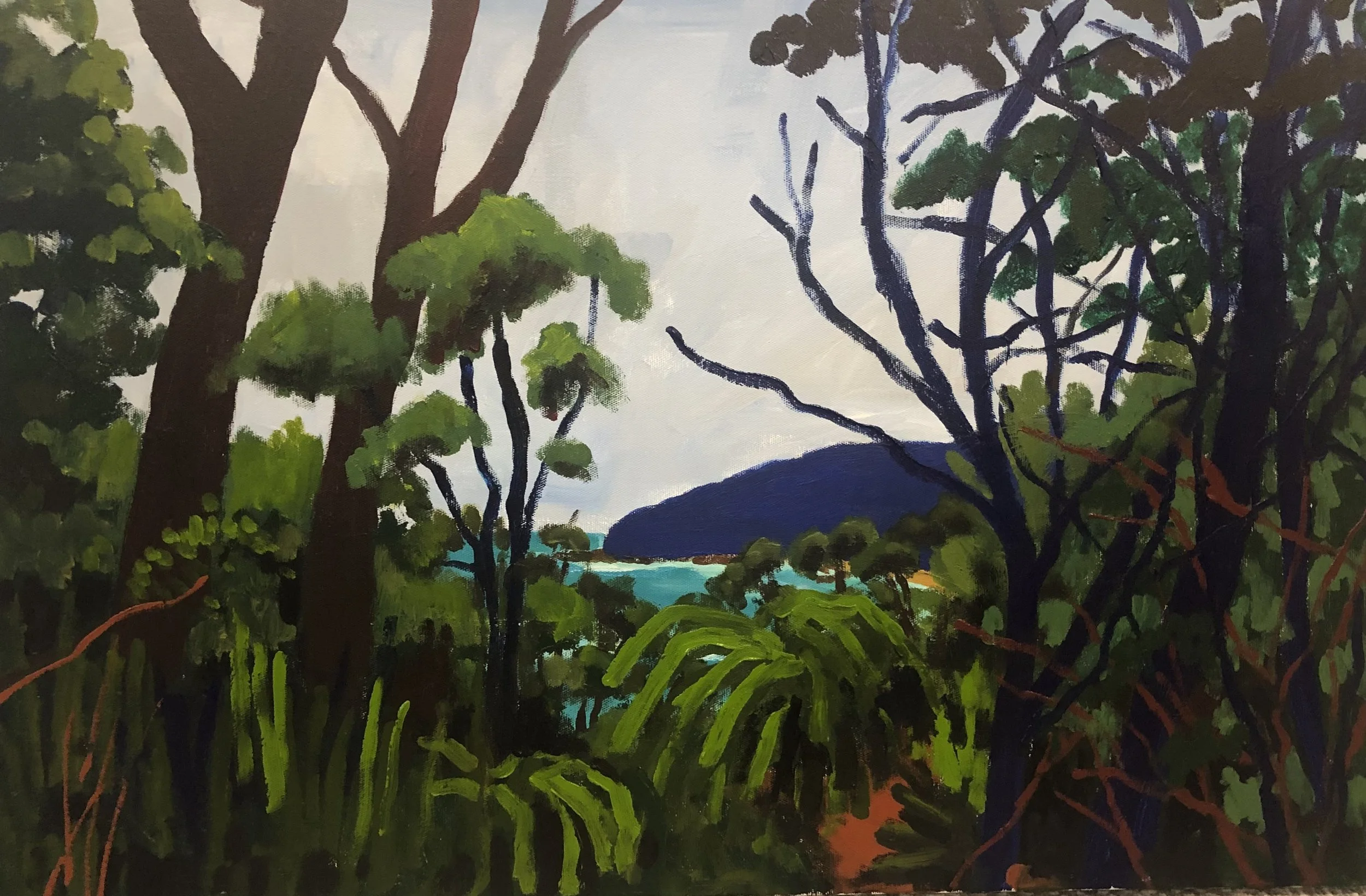A coastal Australian landscape painting of trees in a forest with a body of water, the beach and a mountain in the background. Art by Peter Gowans.