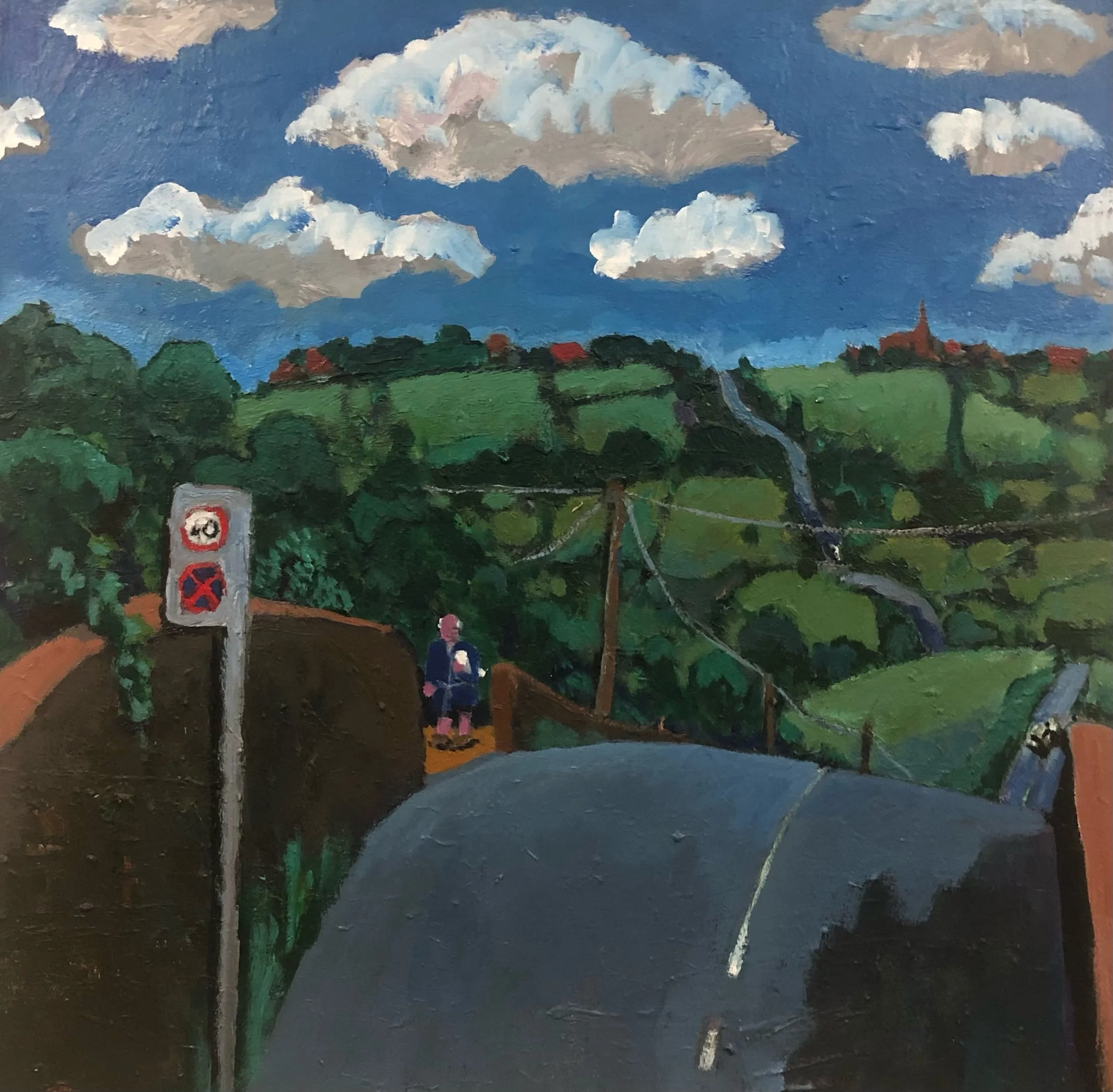 A rural painting showing a winding road in a lush green landscape with a person walking on the side, above a hill with a cloudy sky. Art by Peter Gowans.