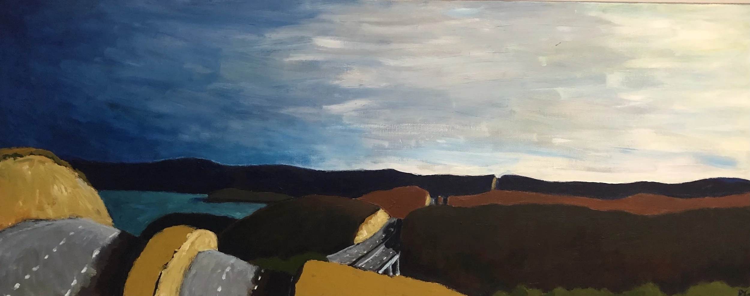 Landscape painting of rolling hills, a winding road, water, and a sky with blue and white clouds. Art by Peter Gowans.