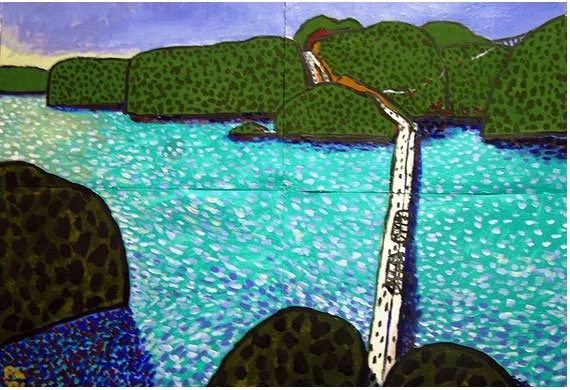 A colorful painting of a river flowing through a landscape with green hills and a waterfall in the background. Art by Peter Gowans.