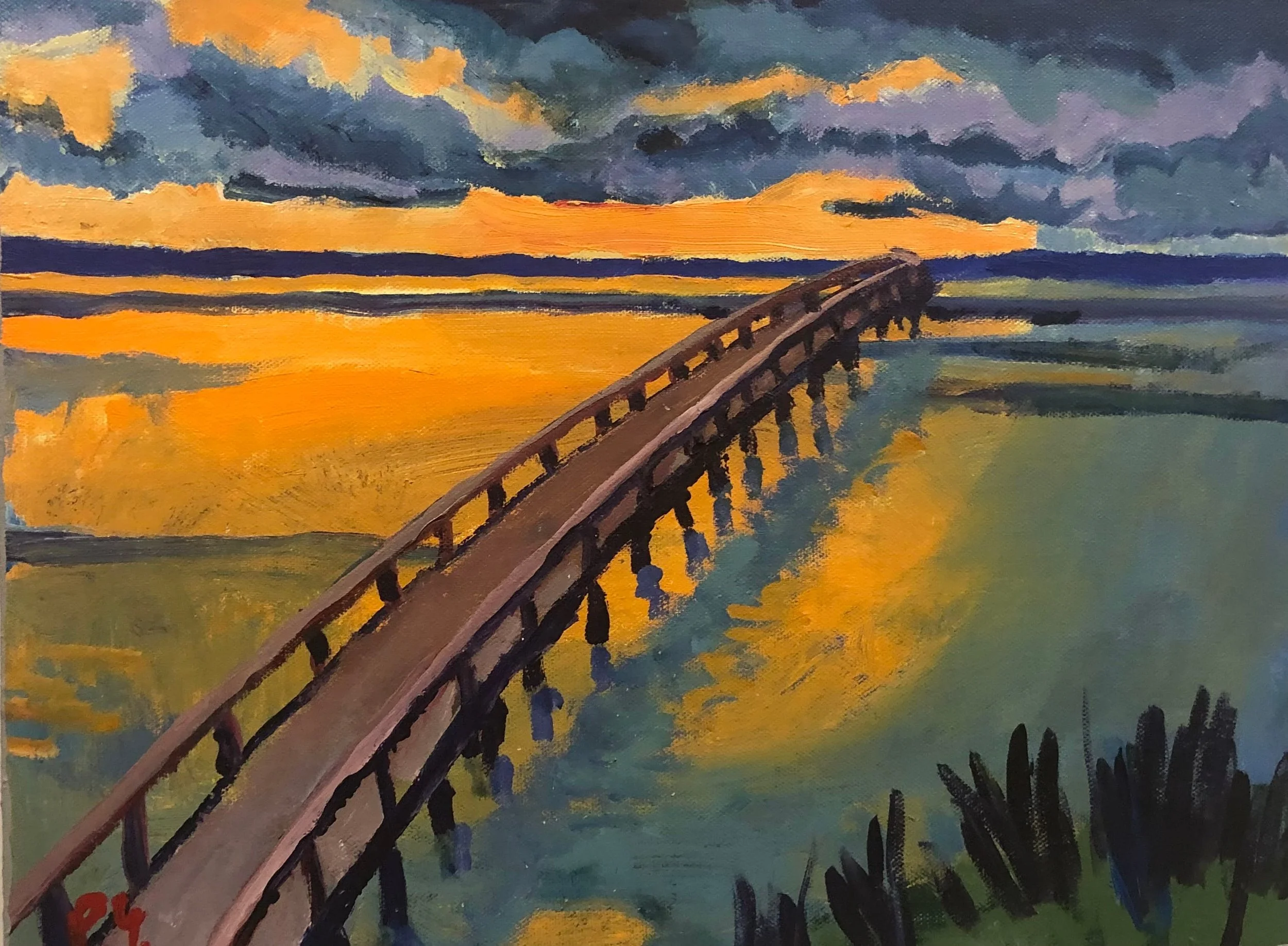Painting of a wooden bridge extending into a body of water during bright sunset, with dark storm clouds in the sky and trees in the foreground. Art by Peter Gowans.