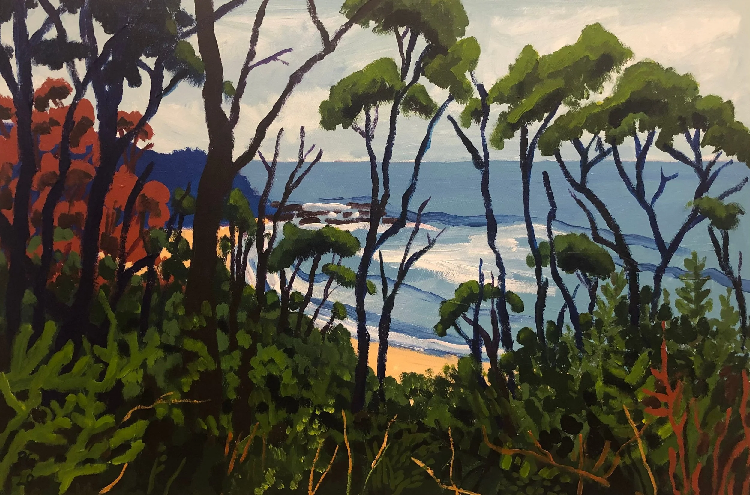 A painting of an Australian coastal landscape with trees in the foreground, a sandy beach, and the ocean in the background. Art by Peter Gowans.