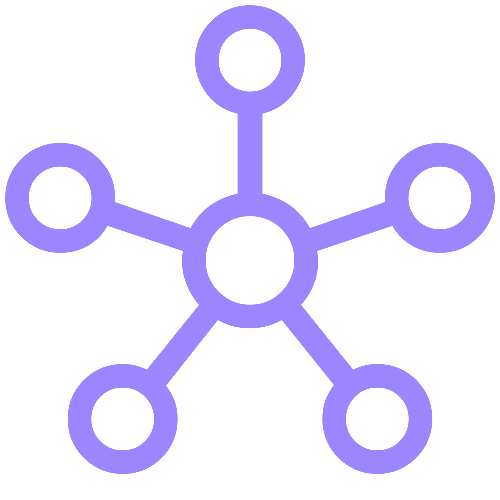 A stylized purple molecular diagram with seven circles connected by lines, centered around a larger circle.