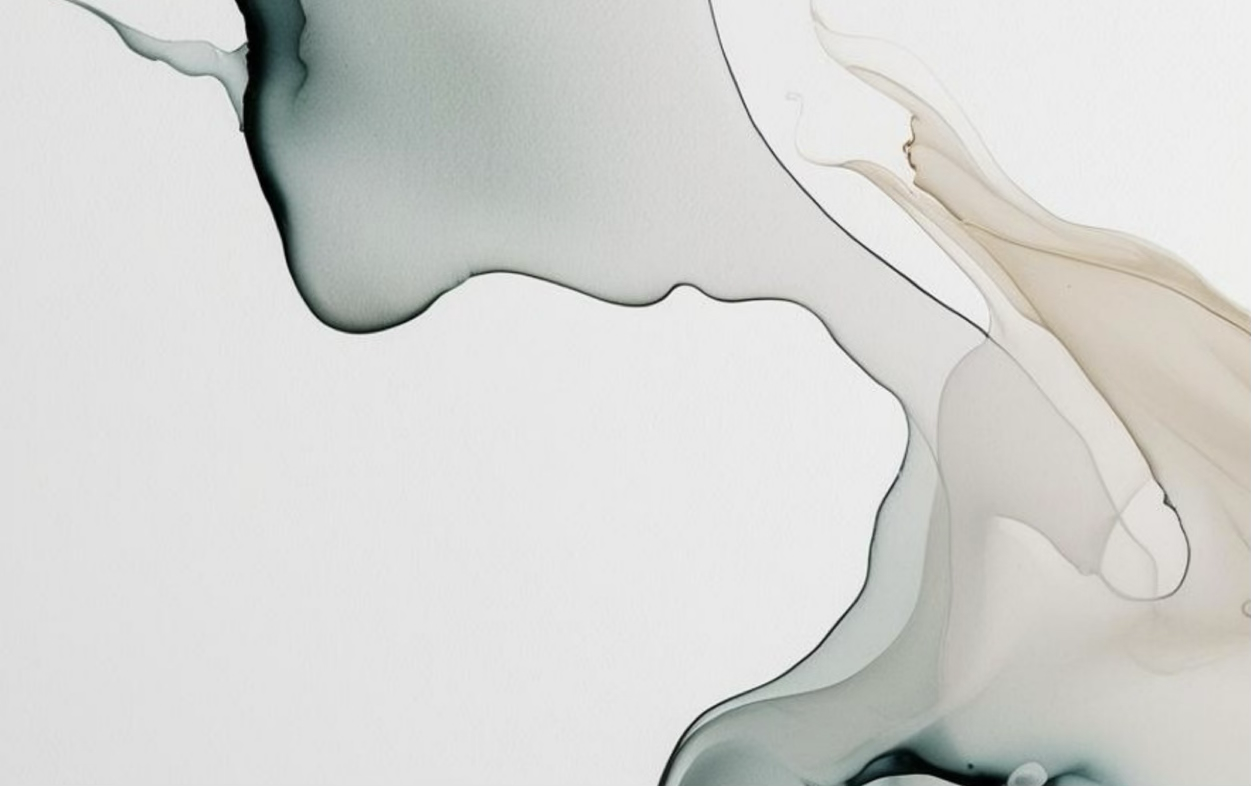 Abstract watercolor painting with flowing, overlapping shapes in shades of gray, beige, and muted green.