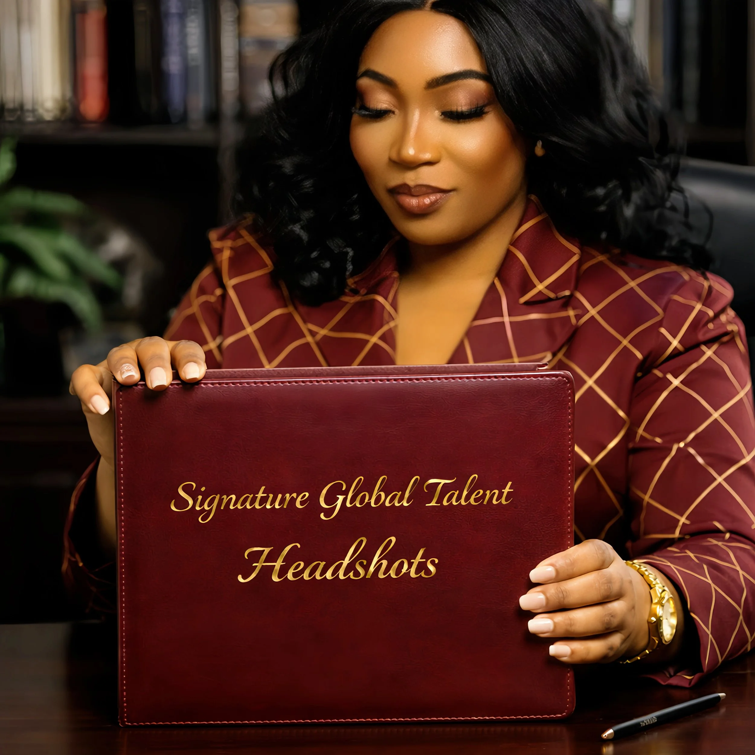 A woman with black hair and gold jewelry holding a red portfolio with gold lettering that reads 'Signature Global Talent Headshots'.