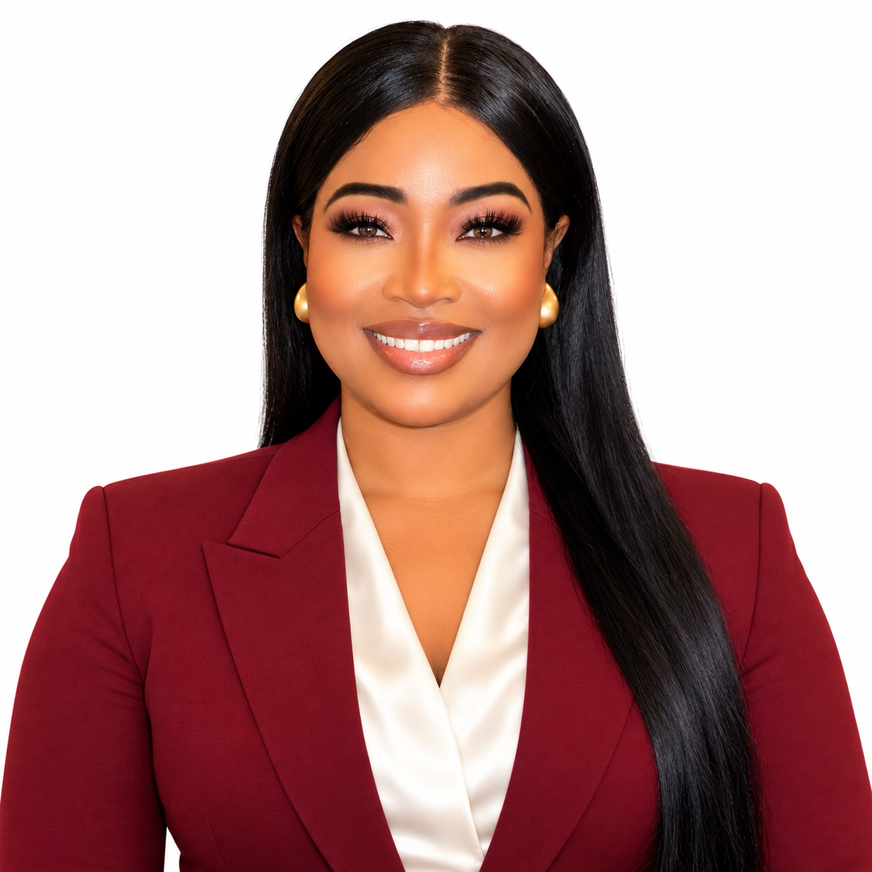 A woman in a maroon blazer with a gold grid pattern holding a photograph of a smiling young man in a suit, sitting at a desk with a burgundy folder labeled 'Signature Global Talent Headshots' in gold lettering, in a professional office setting.