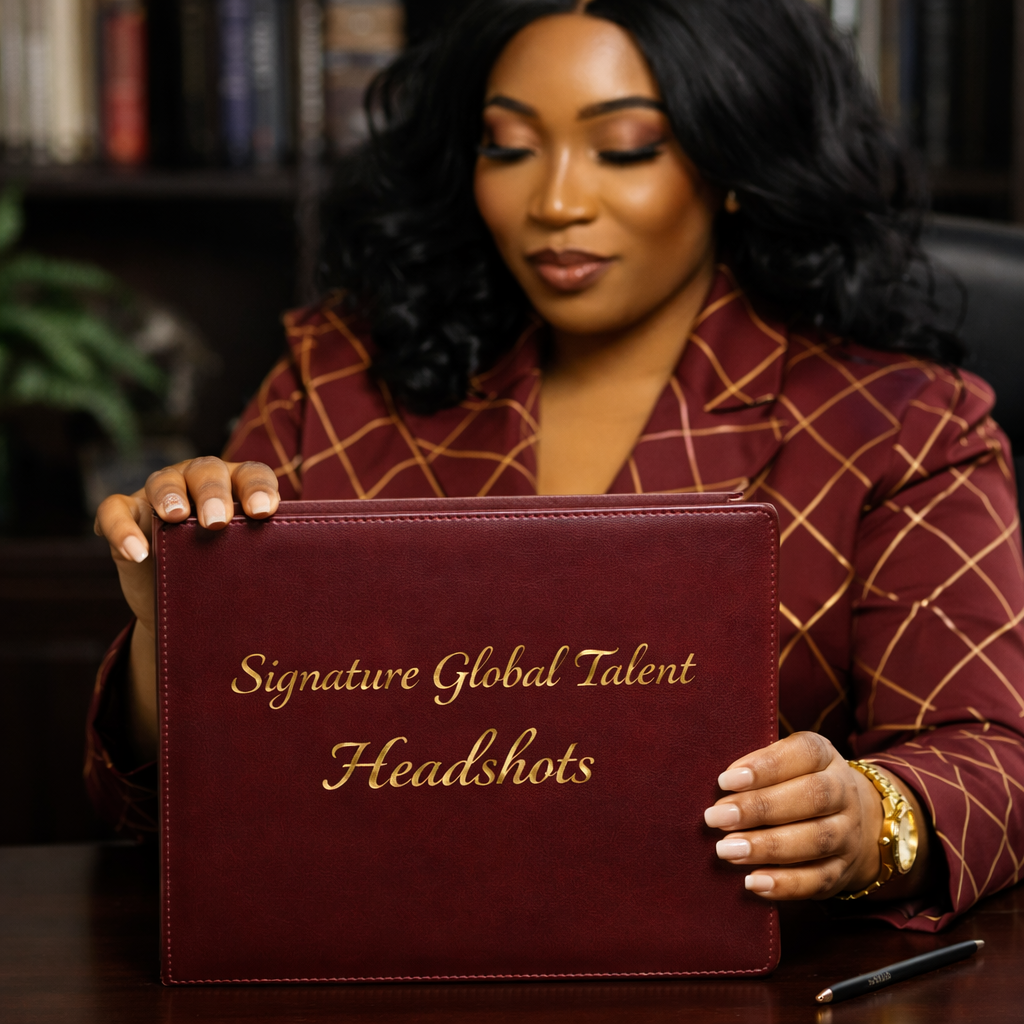 A woman with dark curly hair and wearing a burgundy plaid blazer holds a large maroon folder with gold writing that says 'Signature Global Talent Headshots'.