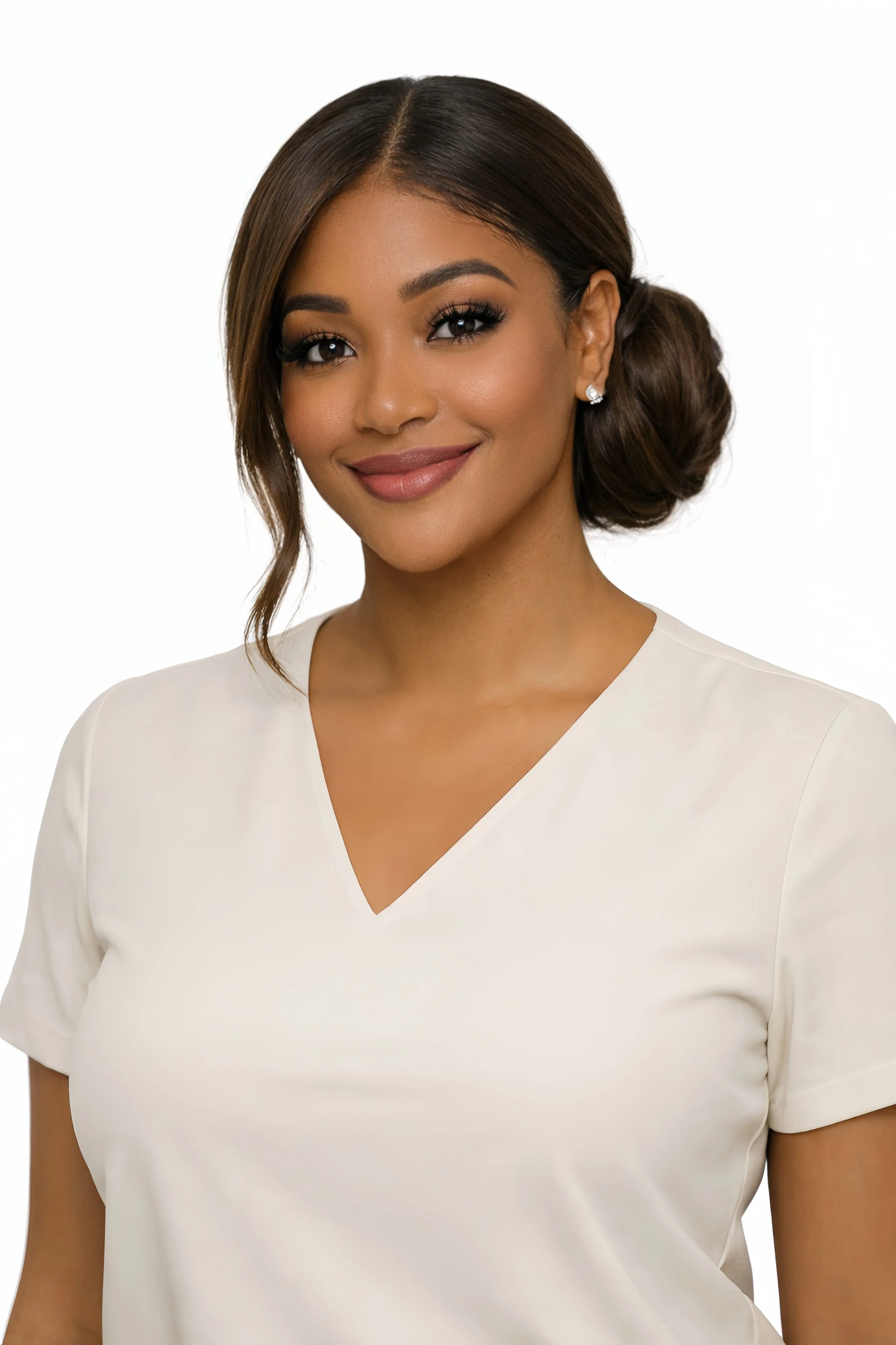 Portrait of a smiling woman with dark hair styled in a loose bun, wearing a white V-neck top and earrings, against a white background.
