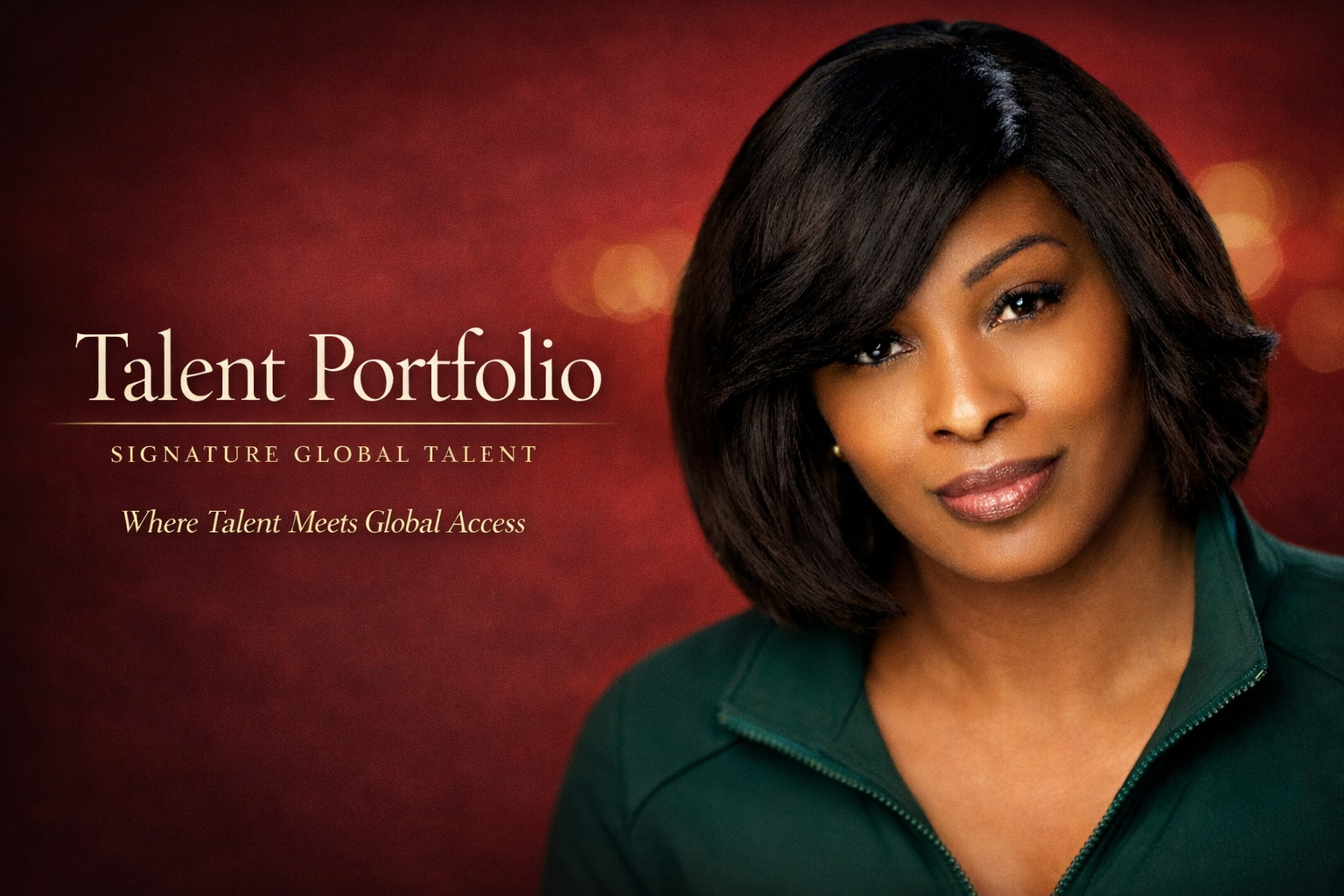 Cover image for Talent Portfolio featuring a woman with shoulder-length dark hair, wearing a teal top, set against a red background with bokeh light effects. The text reads 'Talent Portfolio, Signature Global Talent, Where Talent Meets Global Access.