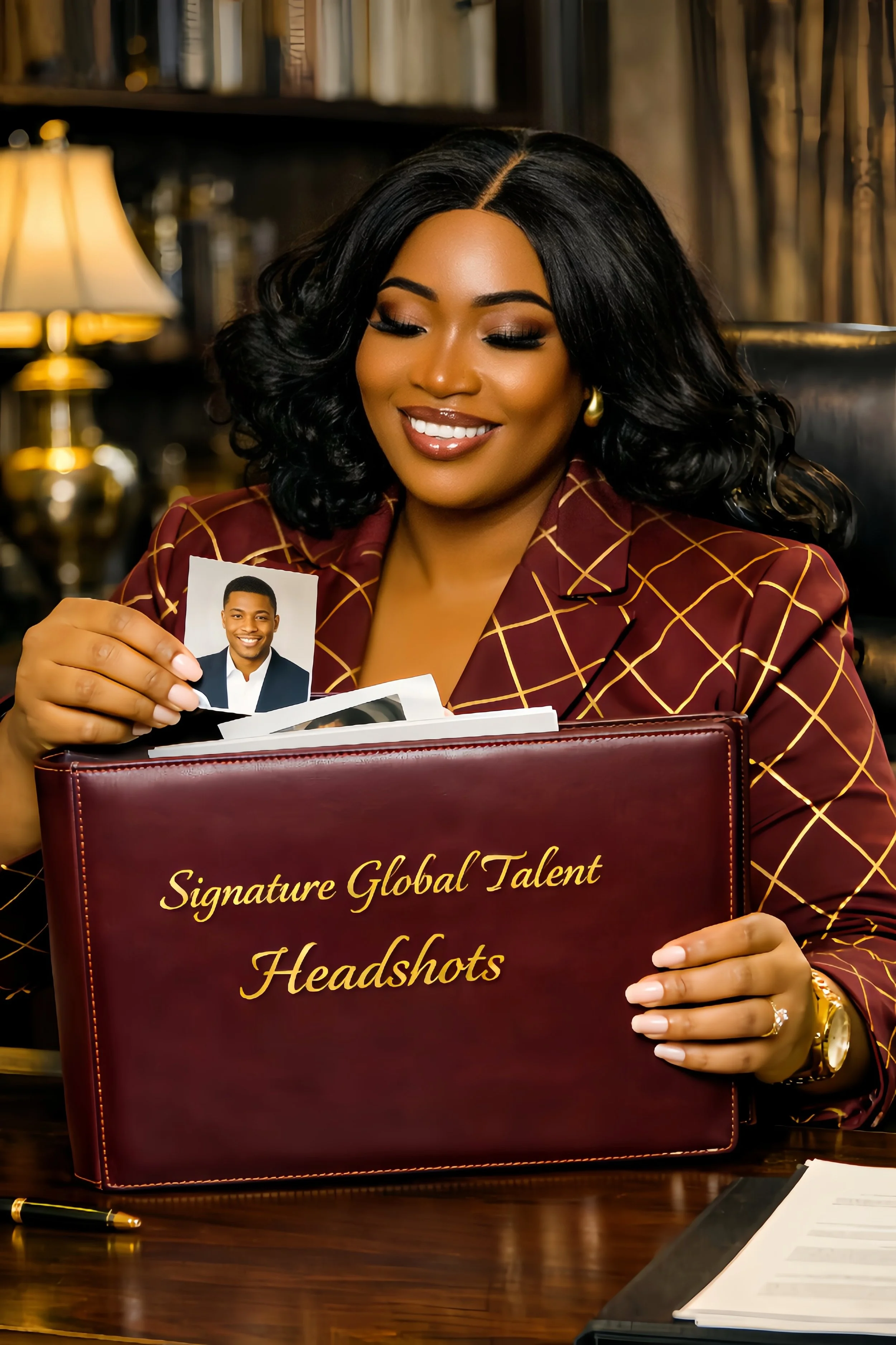 A woman in a maroon blazer with a gold grid pattern holding a photograph of a smiling young man in a suit, sitting at a desk with a burgundy folder labeled 'Signature Global Talent Headshots' in gold lettering, in a professional office setting.