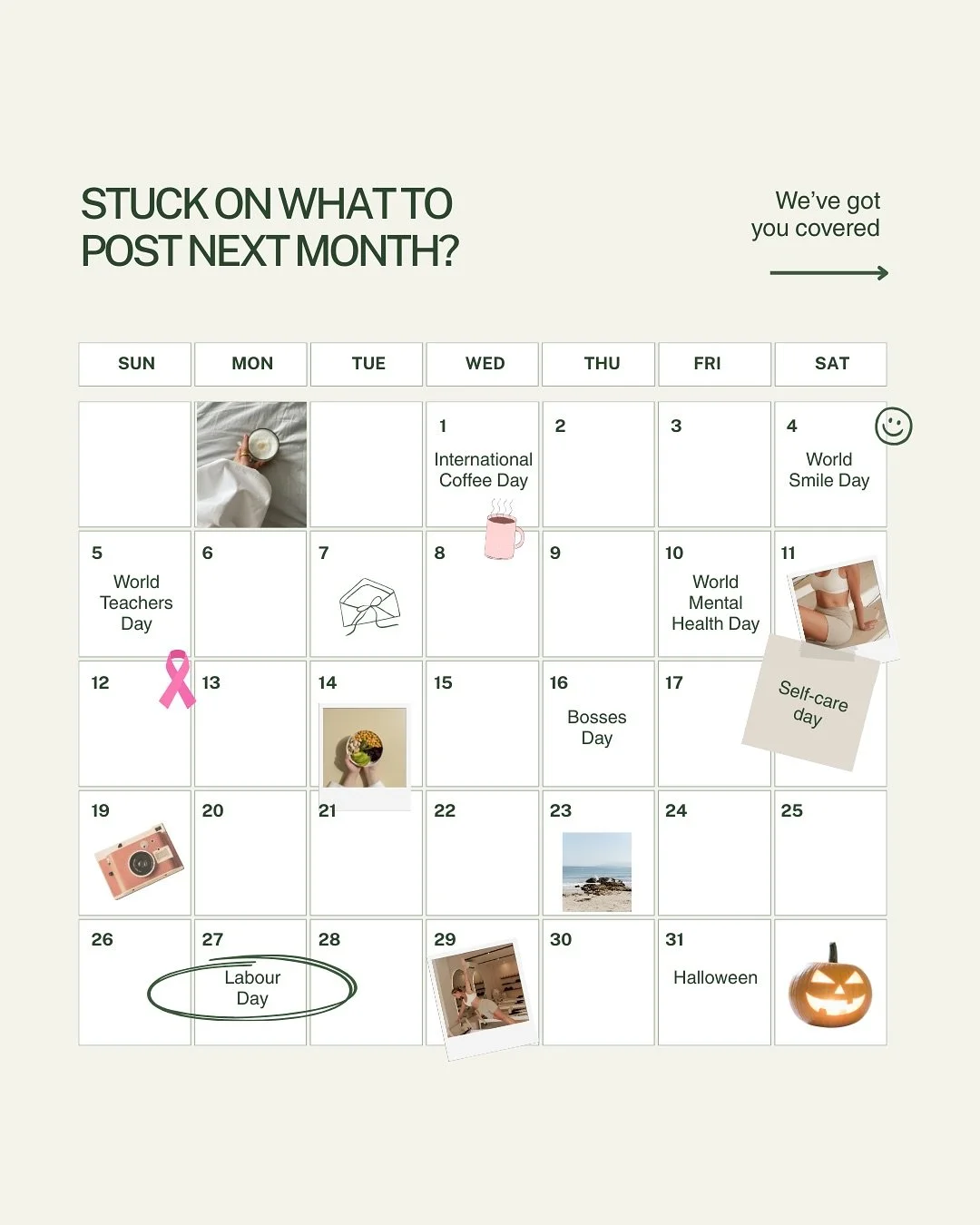 Thinking of what to post every month can be overwhelming. Don&rsquo;t worry, next month we&rsquo;ve got you!

Here are the key dates coming up and ideas on how you can tie them into your wellness business.

Which of these dates will you use for your 