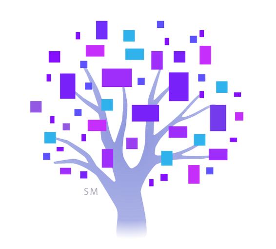 Digital illustration of a tree with purple and blue pixelated square leaves against a black background.