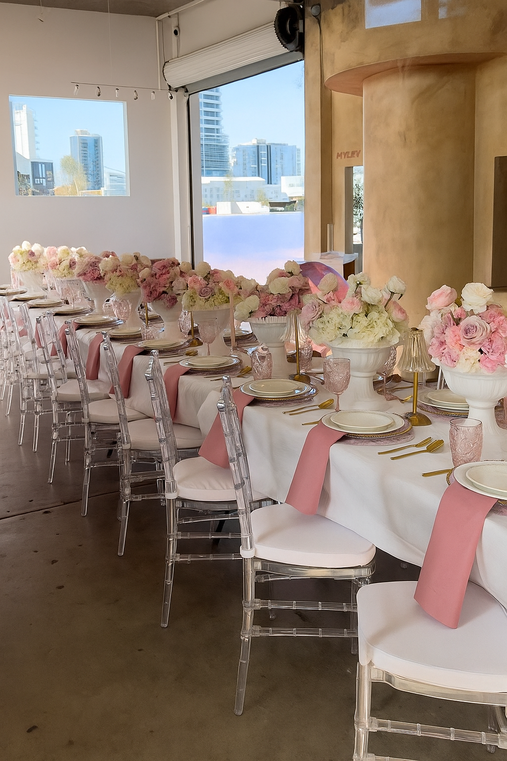 Ghost tiffany chairs with a touch of pink perfect for this baby shower on the Gold Coast