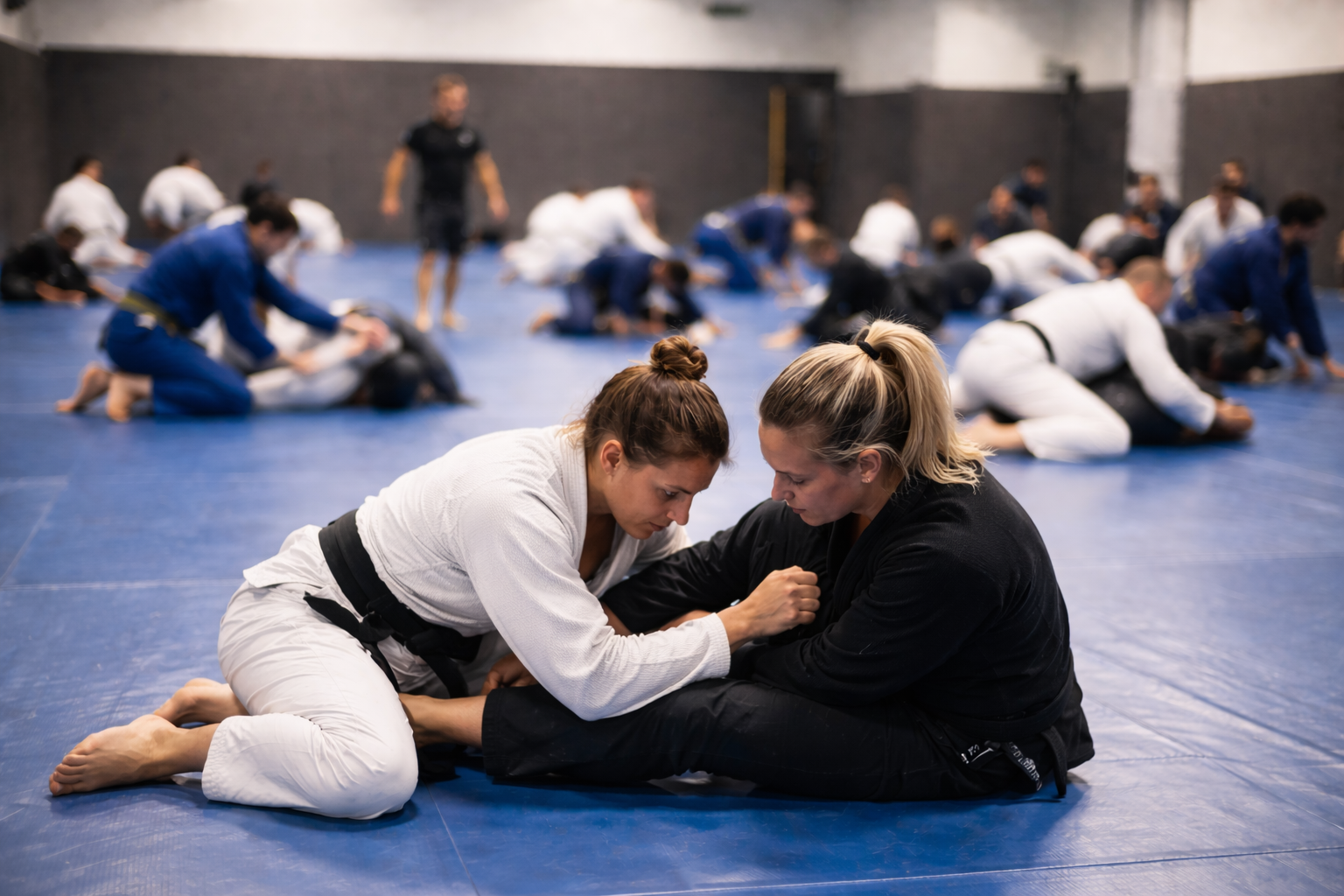 BJJ Seminar, BJJ gym with blue mats. Lots of fighters rolling. Two black belt women in the front. Rest is blurred.
