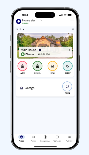 Smartphone screen displaying a home security app with options for arm, disarm, stay, sleep, and garage open/close controls.