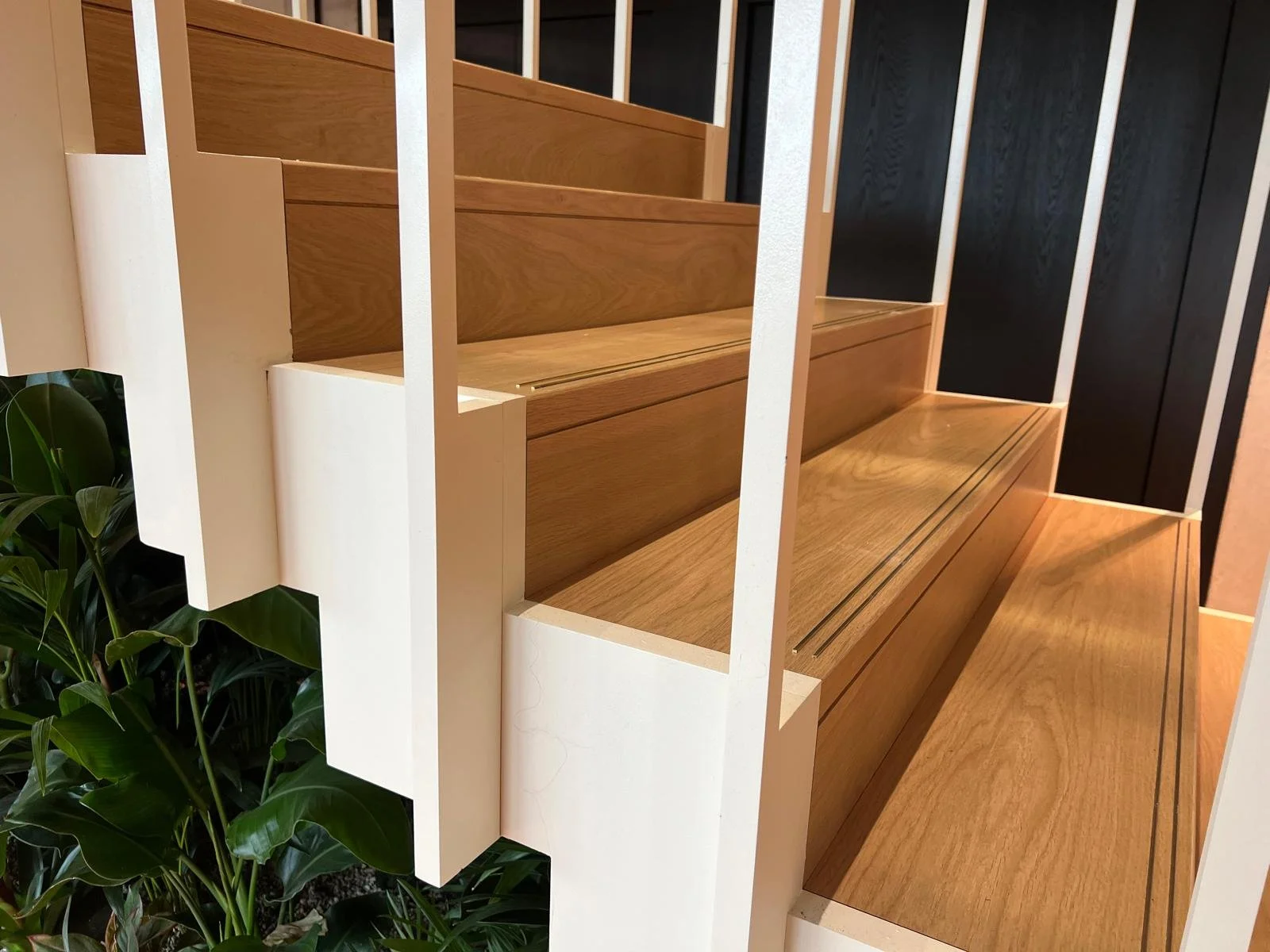 light timber steps with no joints, brass inserts for DDA compliance, shadow gap detail on riser