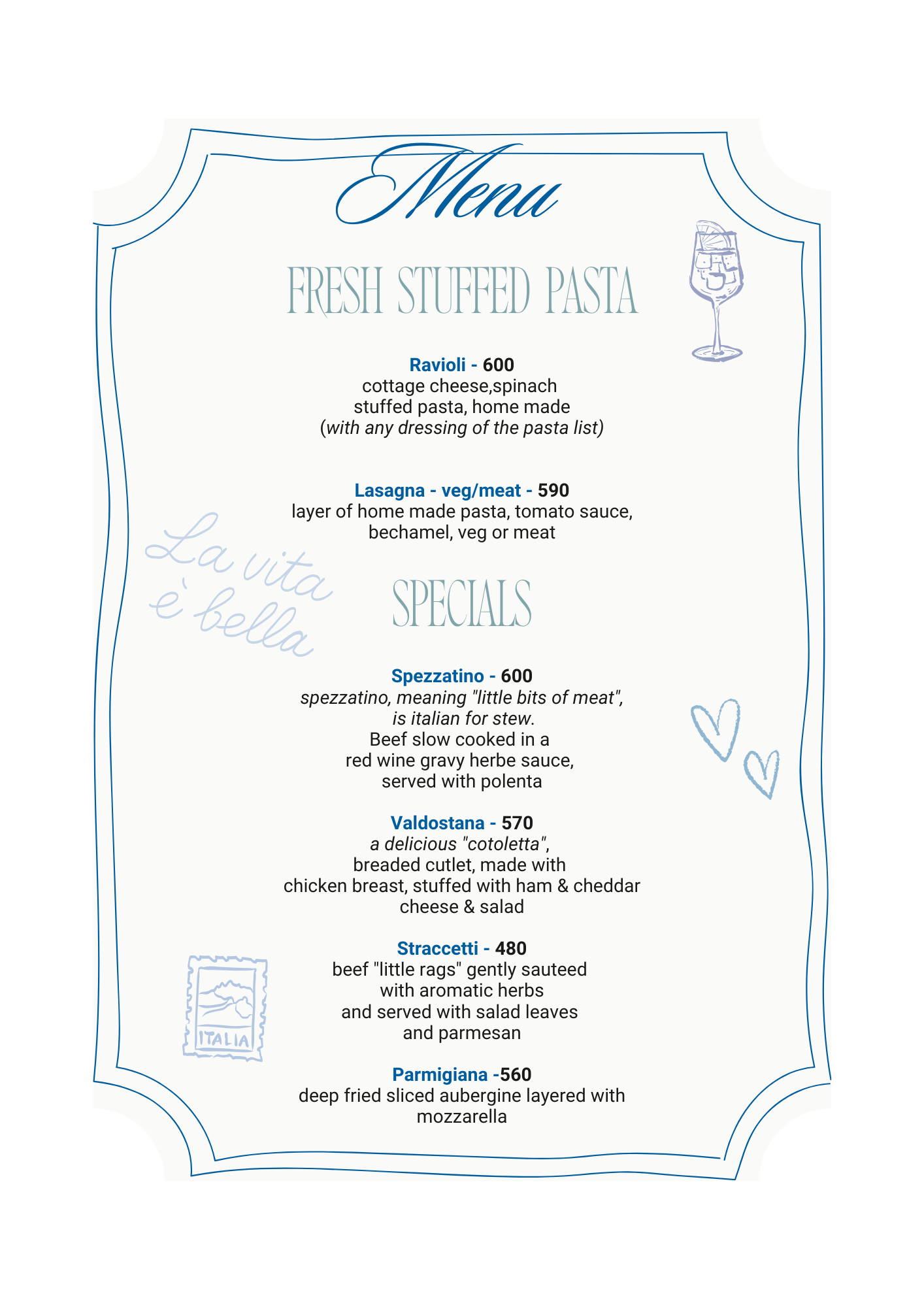 Menu featuring fresh stuffed pasta and special dishes, including ravioli, lasagna, spezzatino, valdotana, straccetti, and parmigiana, with descriptions and prices listed.