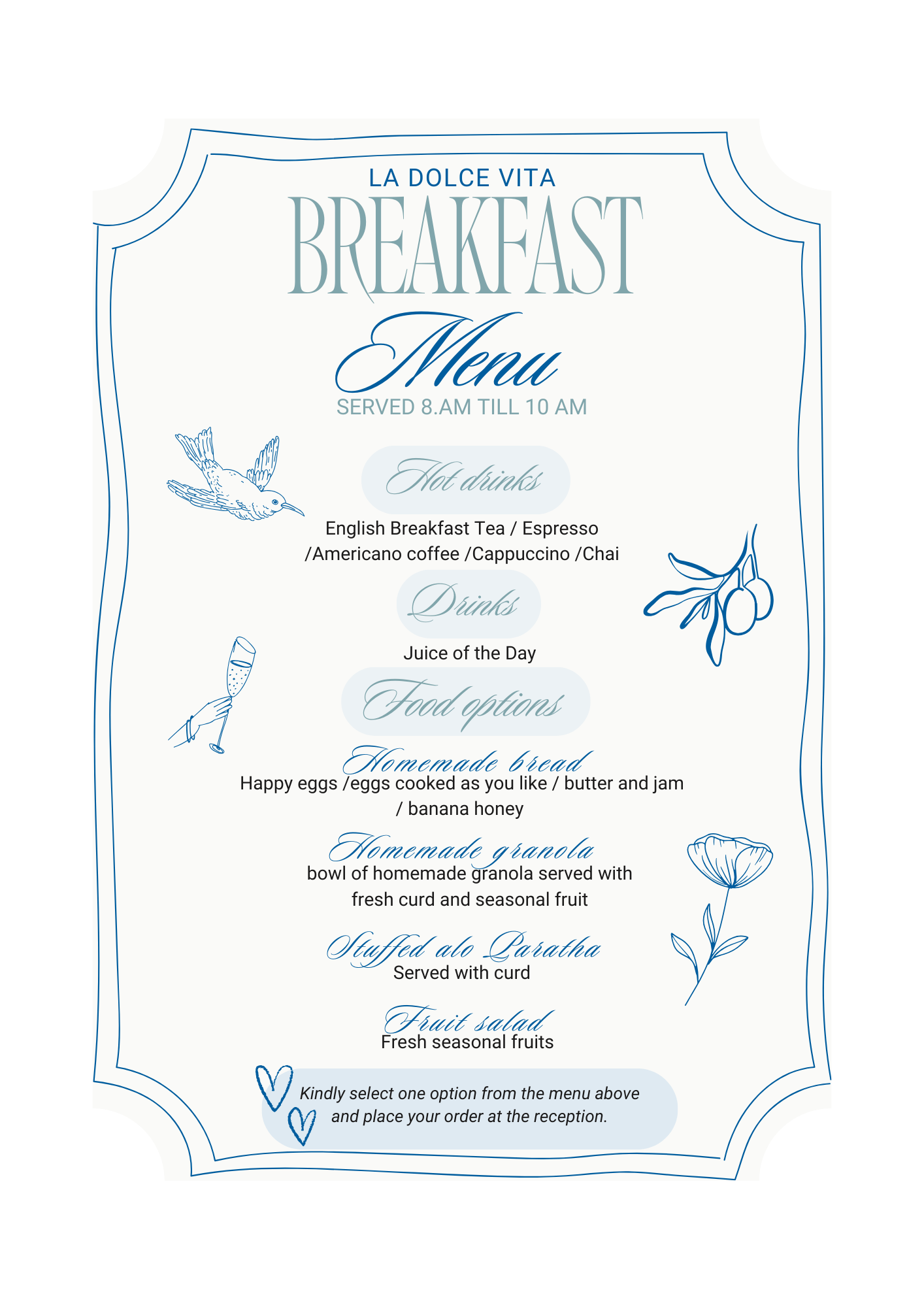 Breakfast menu from La Dolce Vita, served from 8 a.m. to 10 a.m., featuring hot drinks, drinks, food options including homemade bread, granola, stuffed calamarata, and fruit salad, with decorated illustrations of a bird, a hand holding a glass, an olive branch, and a flower.
