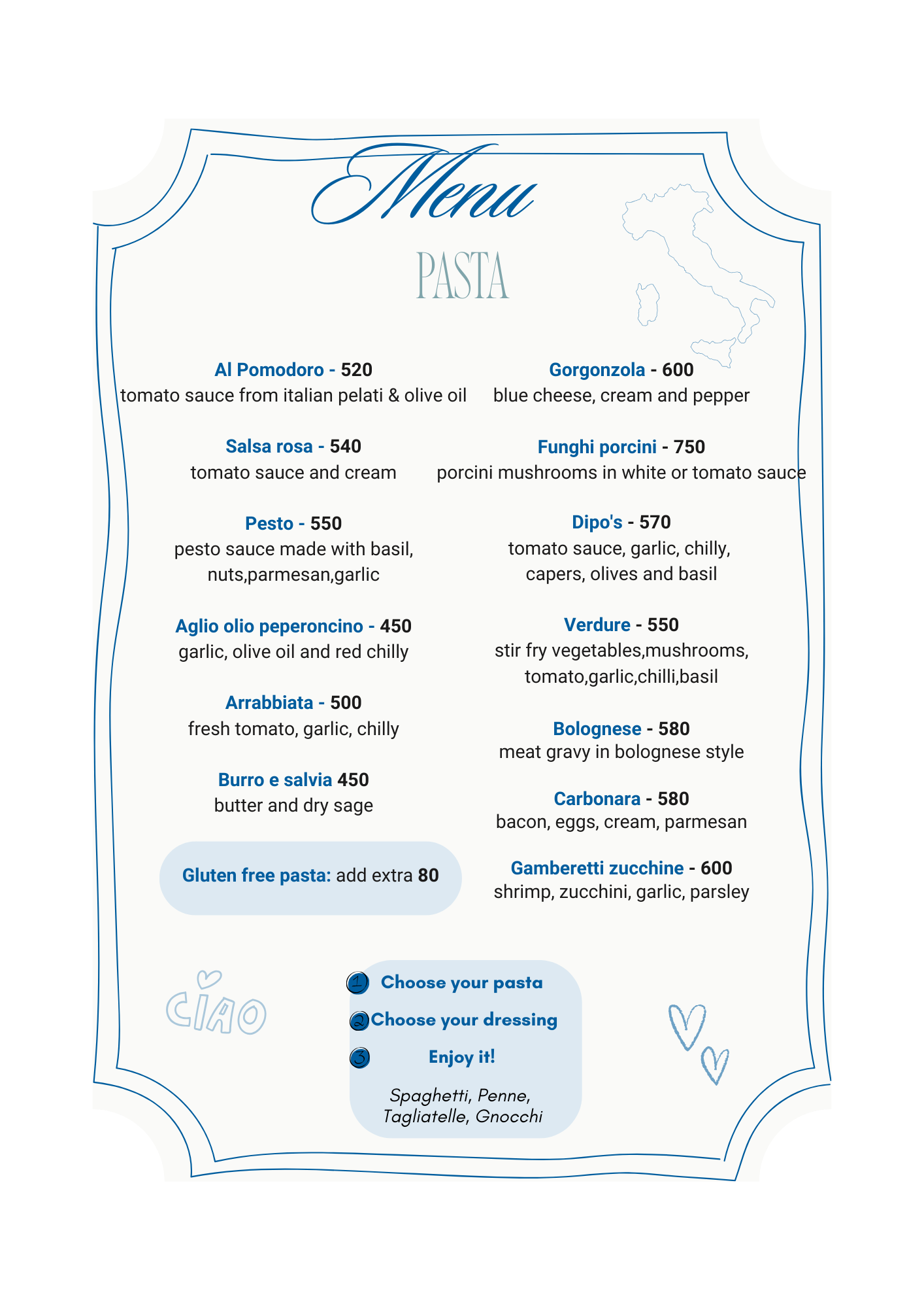 Italian pasta restaurant menu featuring various pasta dishes with descriptions and prices, including options for gluten-free pasta.