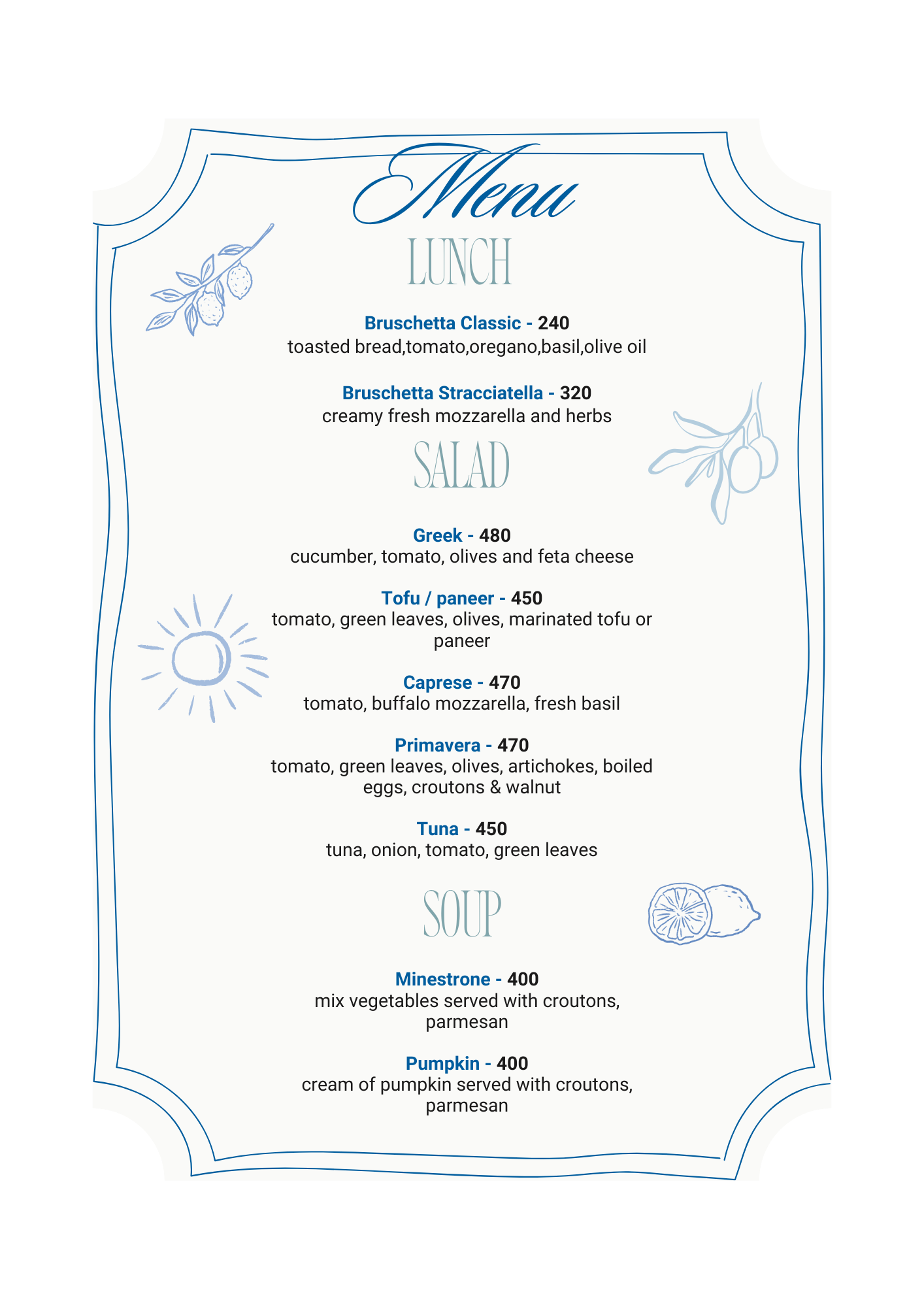 Lunch menu featuring appetizers, salads, and soups with dish names and prices listed.