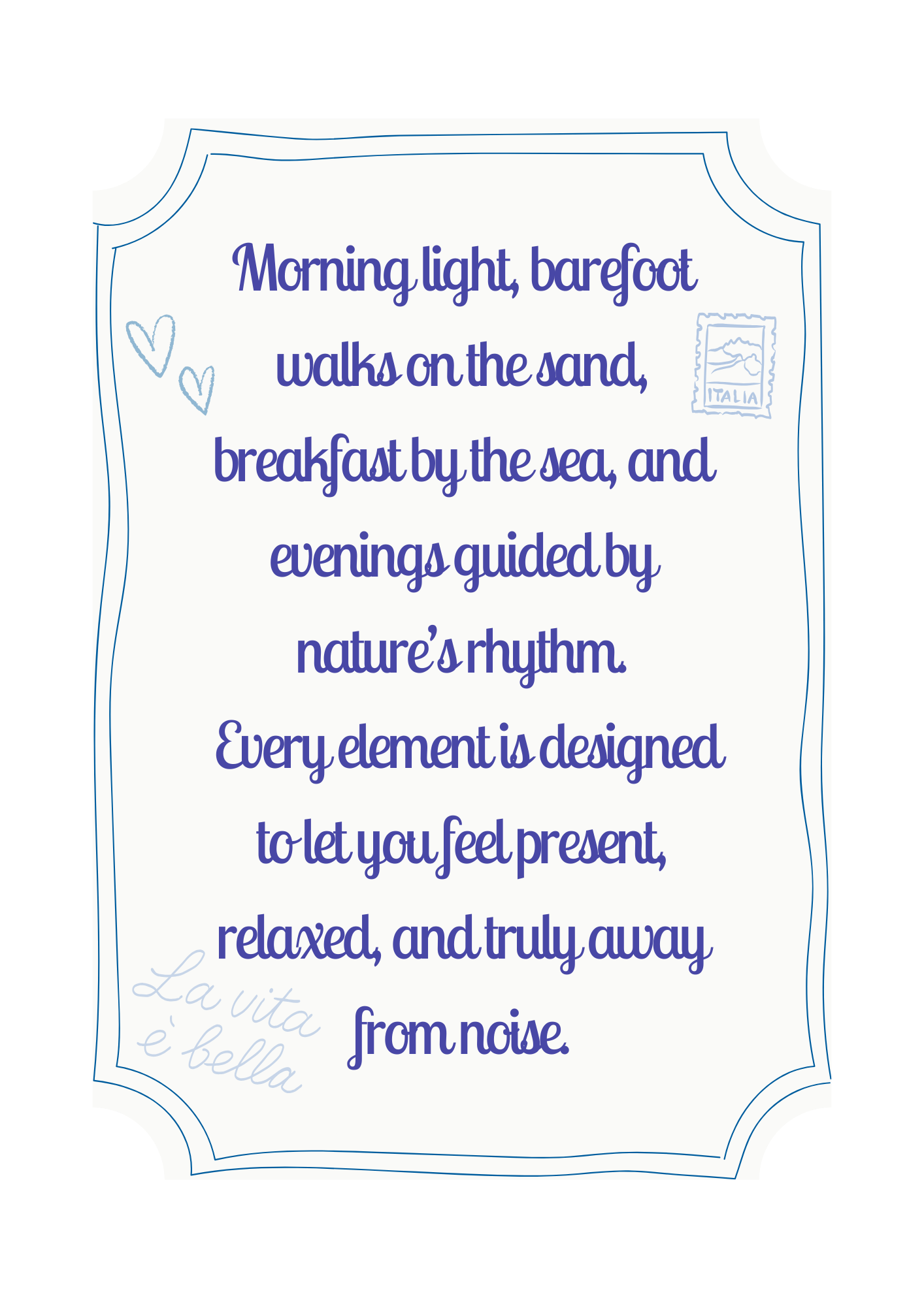 A decorative card with poetic text about morning and nature, featuring a small hearts doodle, a postage stamp, and a signature in the corner.