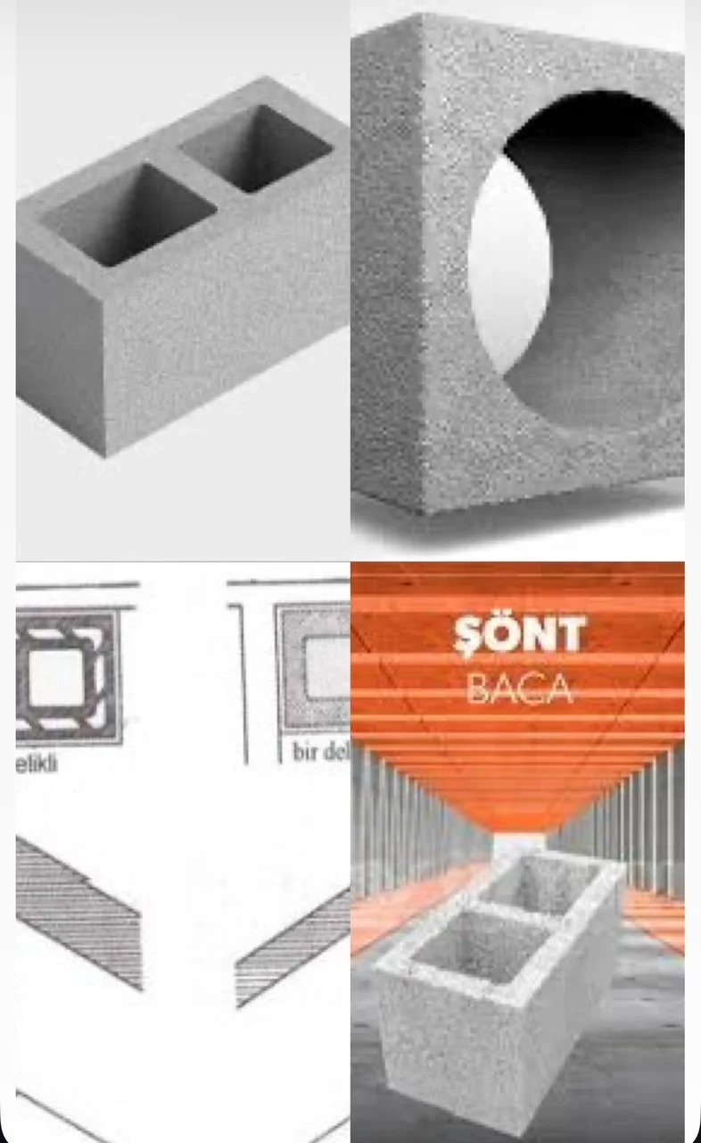 İki tuğla, biri boş ve diğeri yuvarlak delikli, diğeri ise kare delikli. Ayrıca teknik çizimlerde ve bir iç mekan görüntüsünde deliklerin detayları gösteriliyor. Bir yazı da var: 'ŞÖNT BACA'.