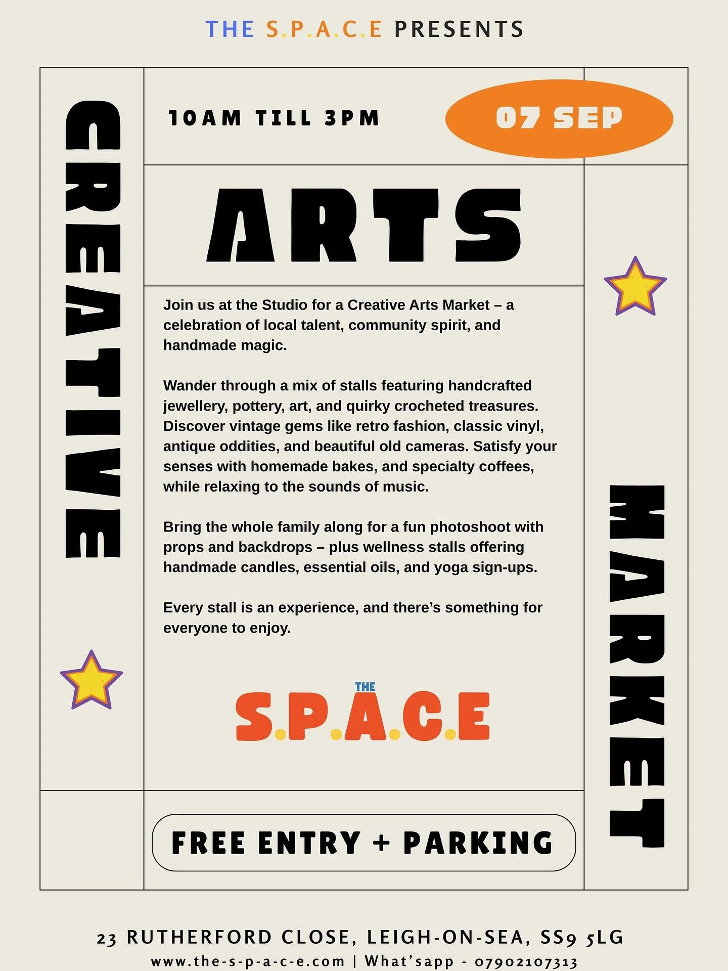 Join us on Sunday 7th September for a creative arts and craft fair held at The S.P.A.C.E

Only a few places left for anyone that wants to hold a stall so if you know any creatives with art they&rsquo;d like to sell please let them know to send us a m
