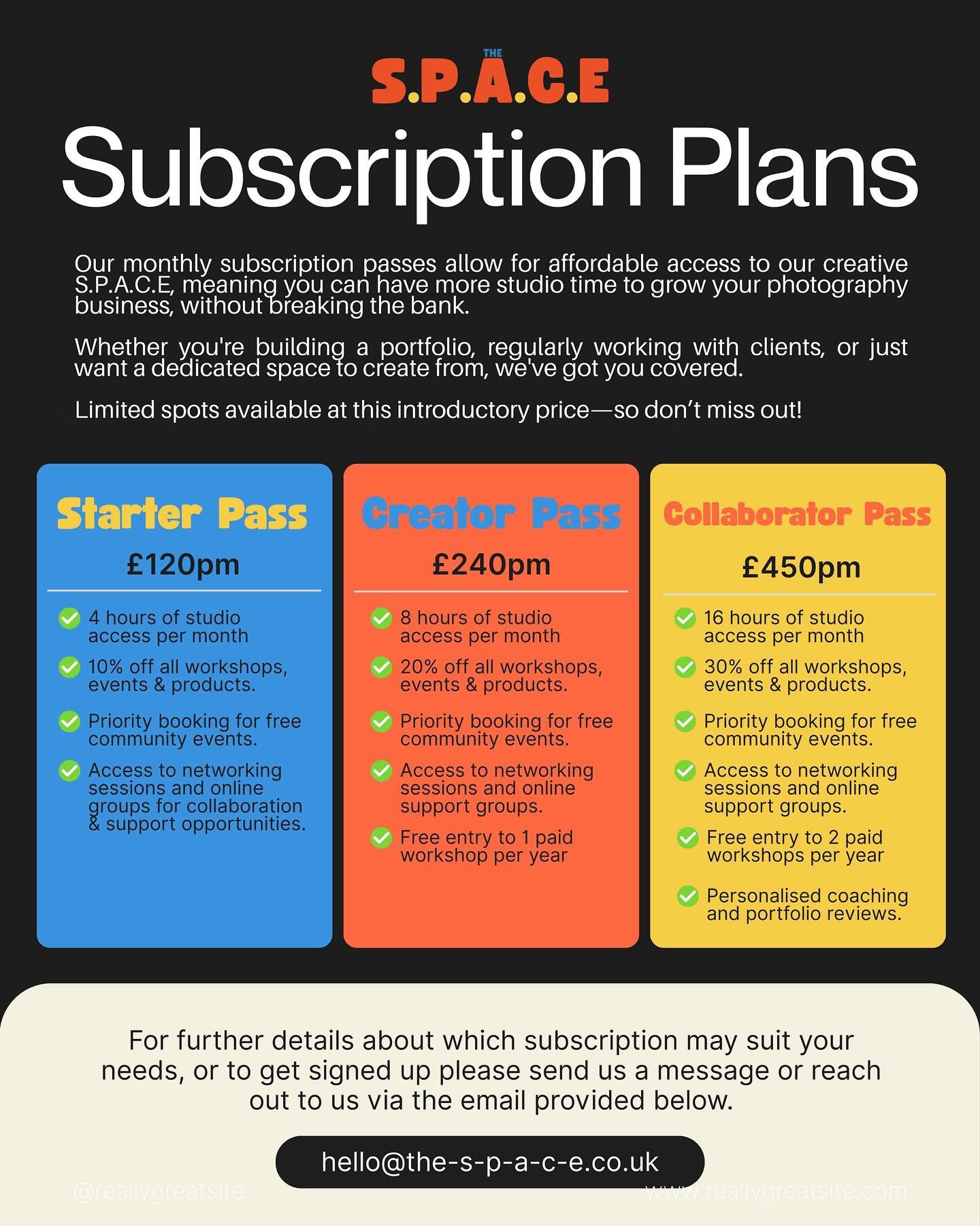 Did you know we offer monthly subscription plans? 

Great for those that require regular use of a creative space but don&rsquo;t want to break the bank! 

We&rsquo;re genuinely here to support in anyway we can and want to help local creatives have mo