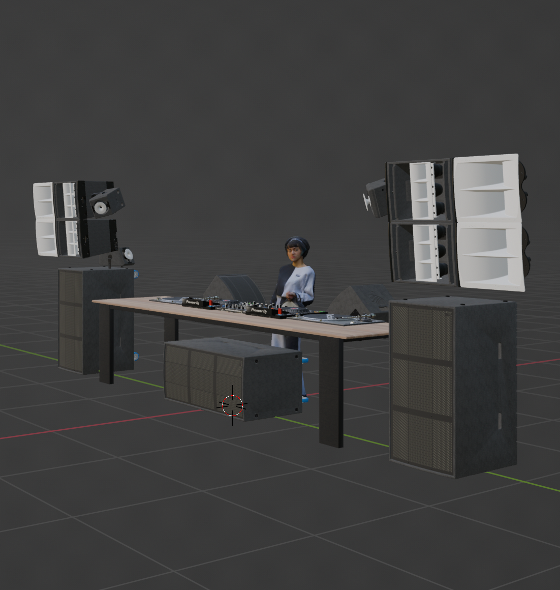 Digital rendering of a female DJ standing behind a DJ setup with large speakers and audio equipment, in a virtual studio environment.