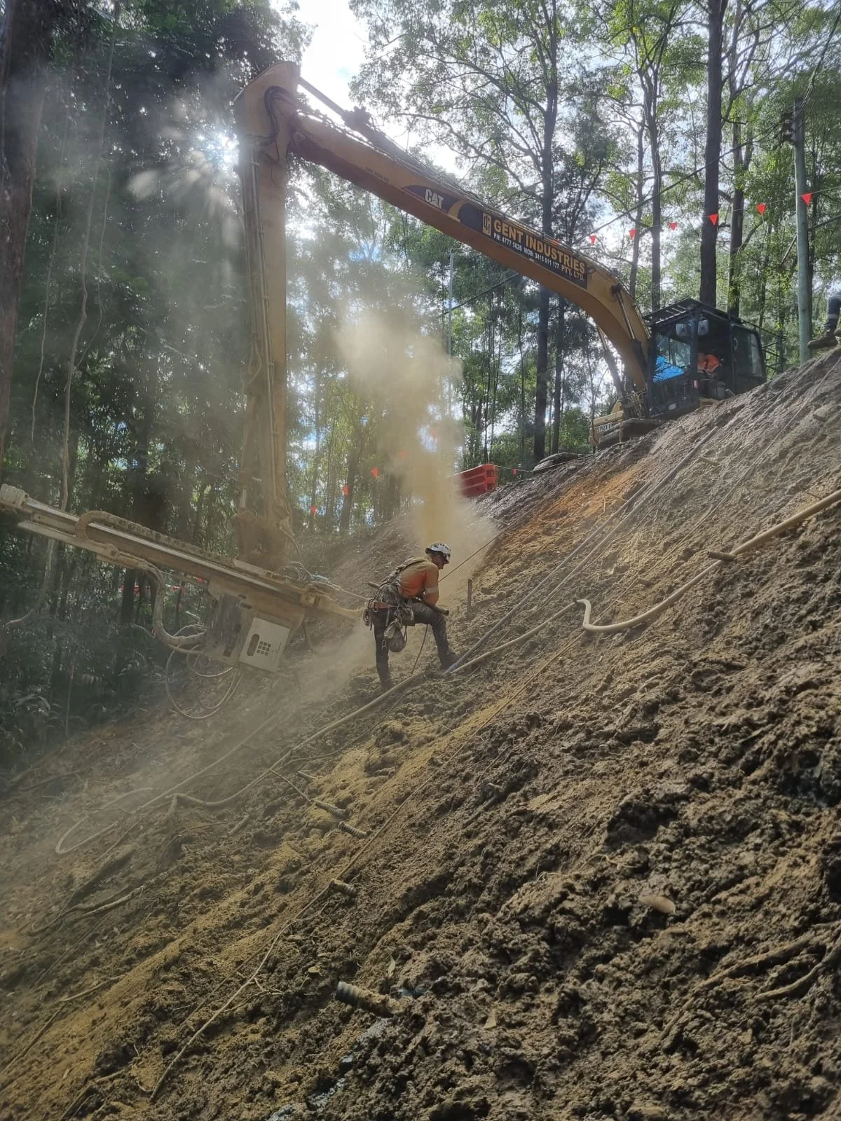 Construction worker on a steep dirt slope with a large excavator above, surrounded by trees.
