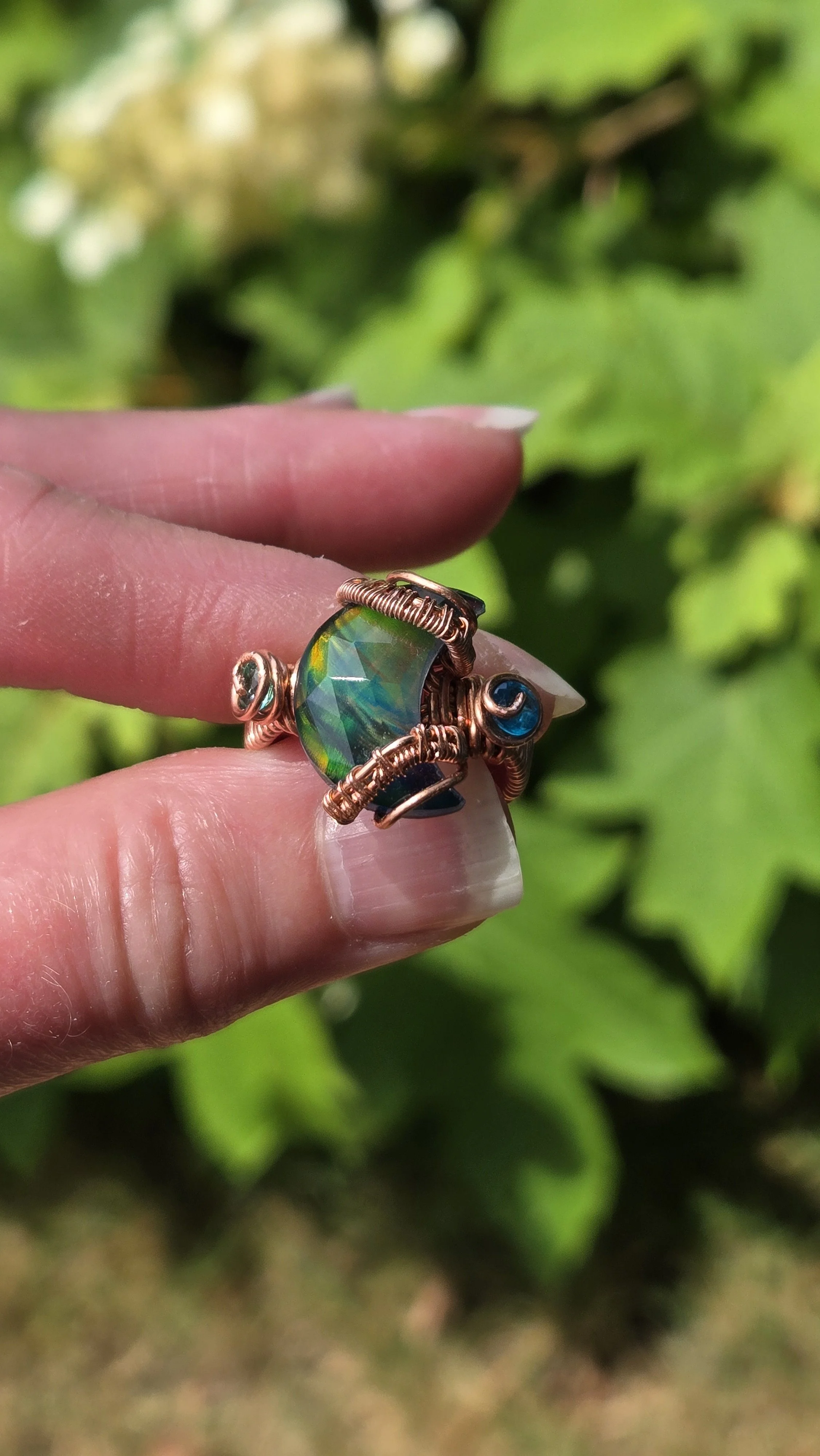 Aurora Opal Ring with Blue and Green Topaz Size 7.5